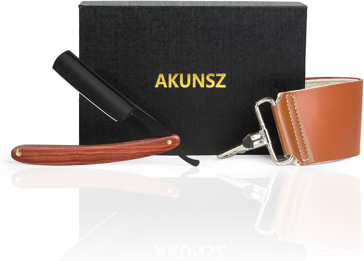 Straight Razor Kit AKUNSZ Black Cutthroat Razor with Leather Strop - Black Matte Blade & Rosewood Handle