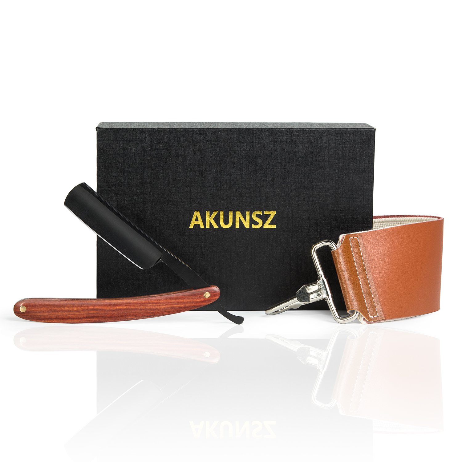 Straight Razor Kit AKUNSZ Black Cutthroat Razor with Leather Strop - Black Matte Blade & Rosewood Handle