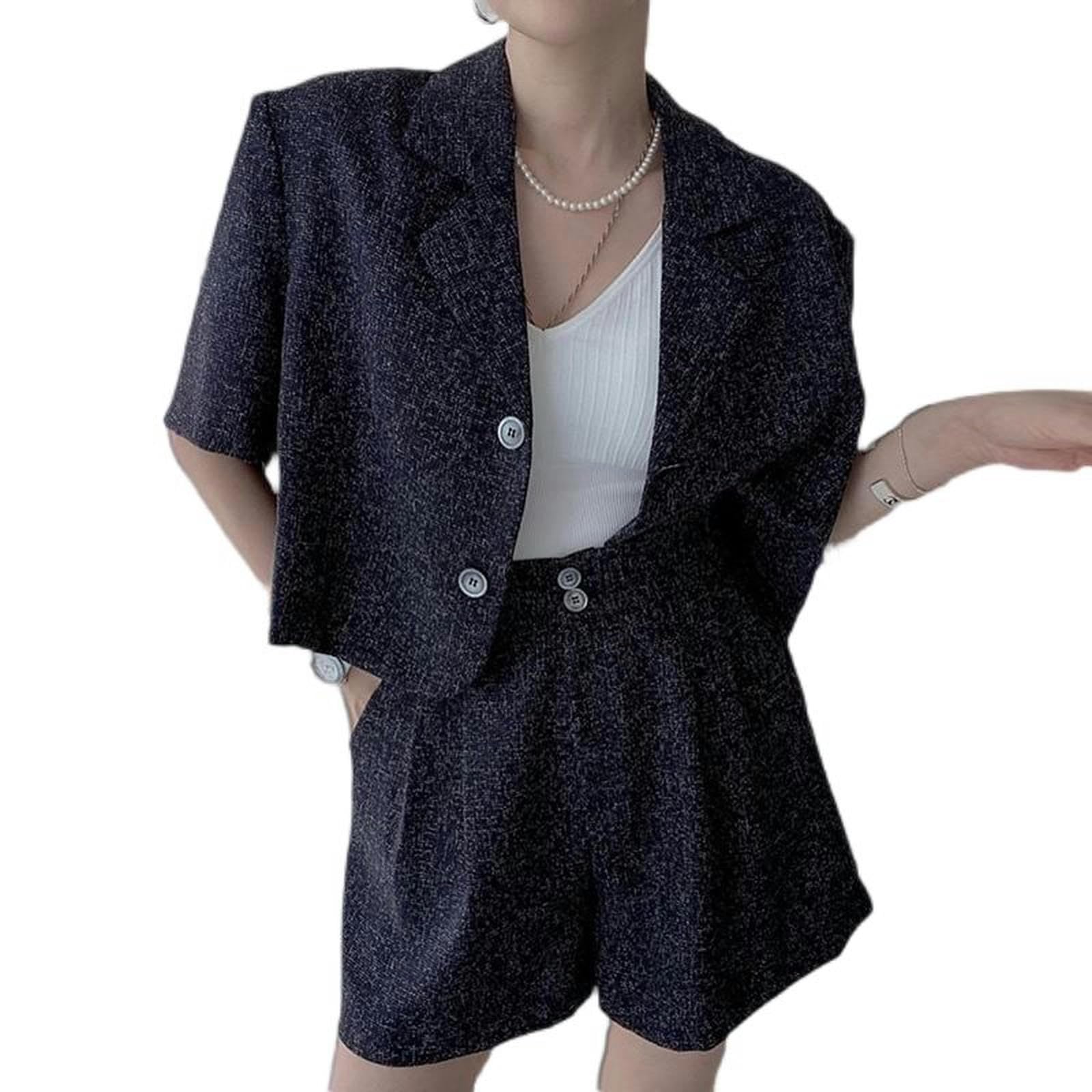 Sommer-Temperament-Kurzjacke mit Anzugkragen + hoch taillierte, vielseitige Zwei-Knopf-Shorts mit weitem Bein – graue Aprikosenjacke – S