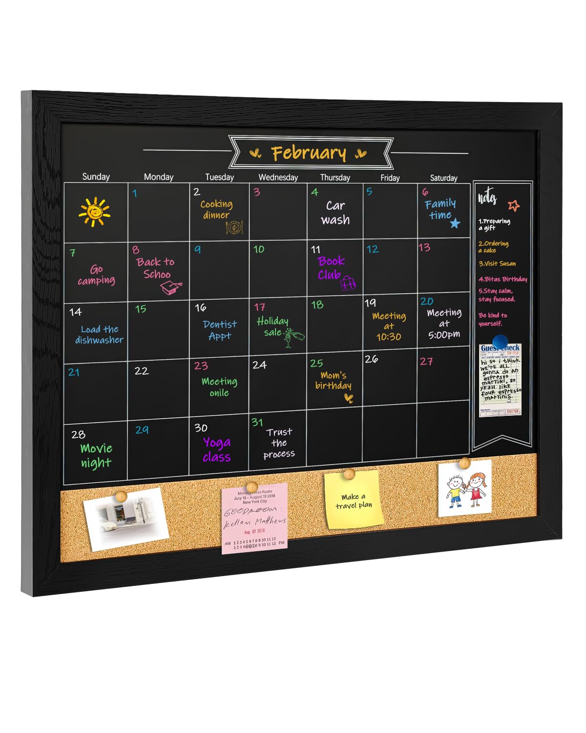 TORASO Magnetic Chalkboard Calendar Corkboard, Small Combination Chalk Board Bulletin Board, 13" x 17",Black Wood Framed Blackboard Calendar Cork