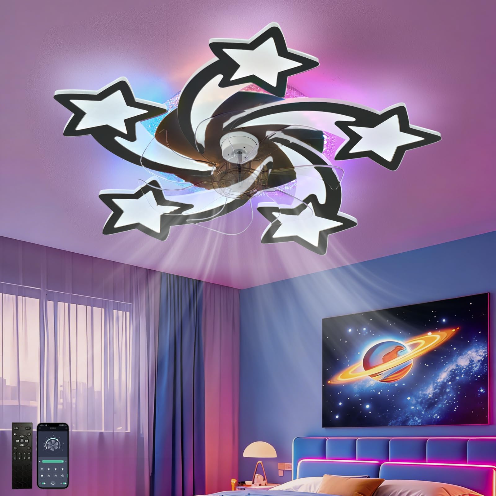 Fachae RGB Ceiling Fan with Lights and Remote Control Reversible Quiet DC Motor Bedroom Fan Light LED Dimmable Living Room White Modern Flower Ceiling Fan Designs,6 Lights,6 Speed,Memory Function