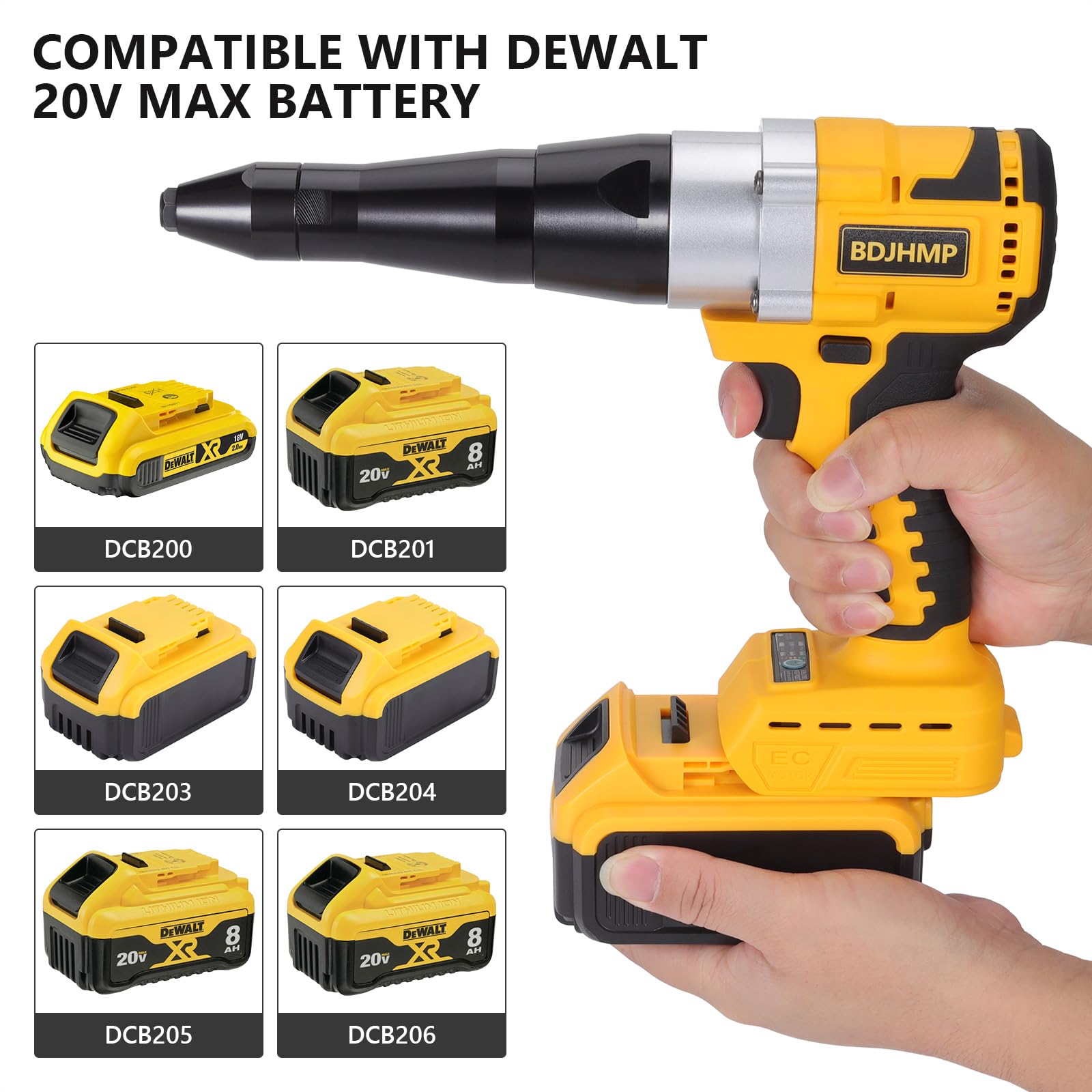 Cordless Rivet Gun Tool for Dewalt 20V Max Battery(No Battery), Brushless Electric Automatic Rivet Gun,Brushless Motor for Rivets 1/8'', 5/32'', 3/16