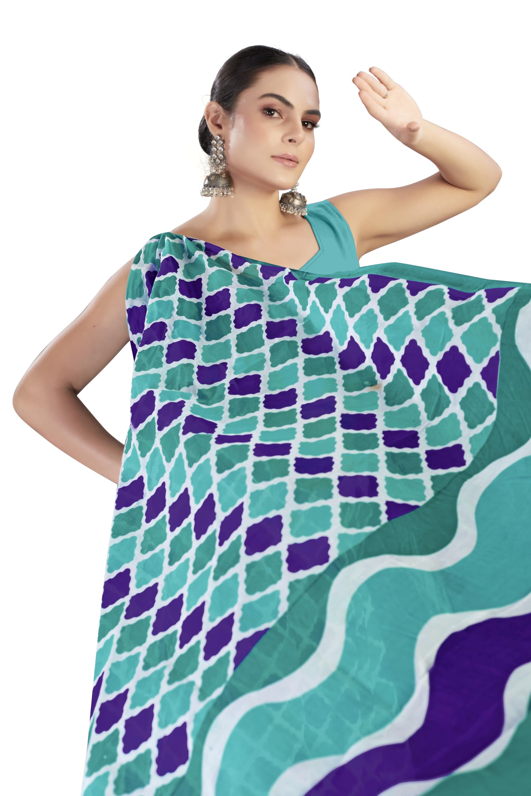 Tamaira Fashion Women's Printed Pure Cotton Mulmul Saree Without Blouse Piece(2487_Seagreen&Purple)