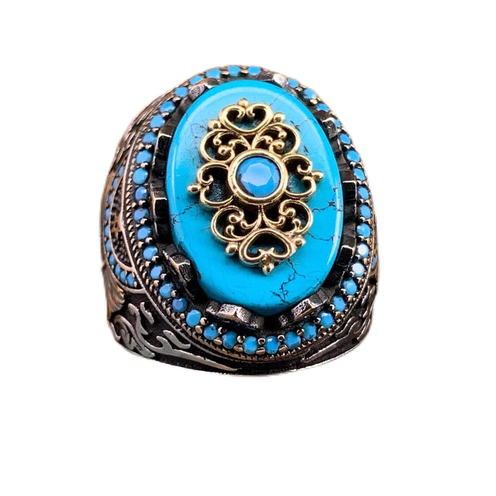 Bague Turquoise Vintage Homme/femme - Pierre Naturelle, Couronne, Plaqué Or Blanc 18k, Taille 6 à 13