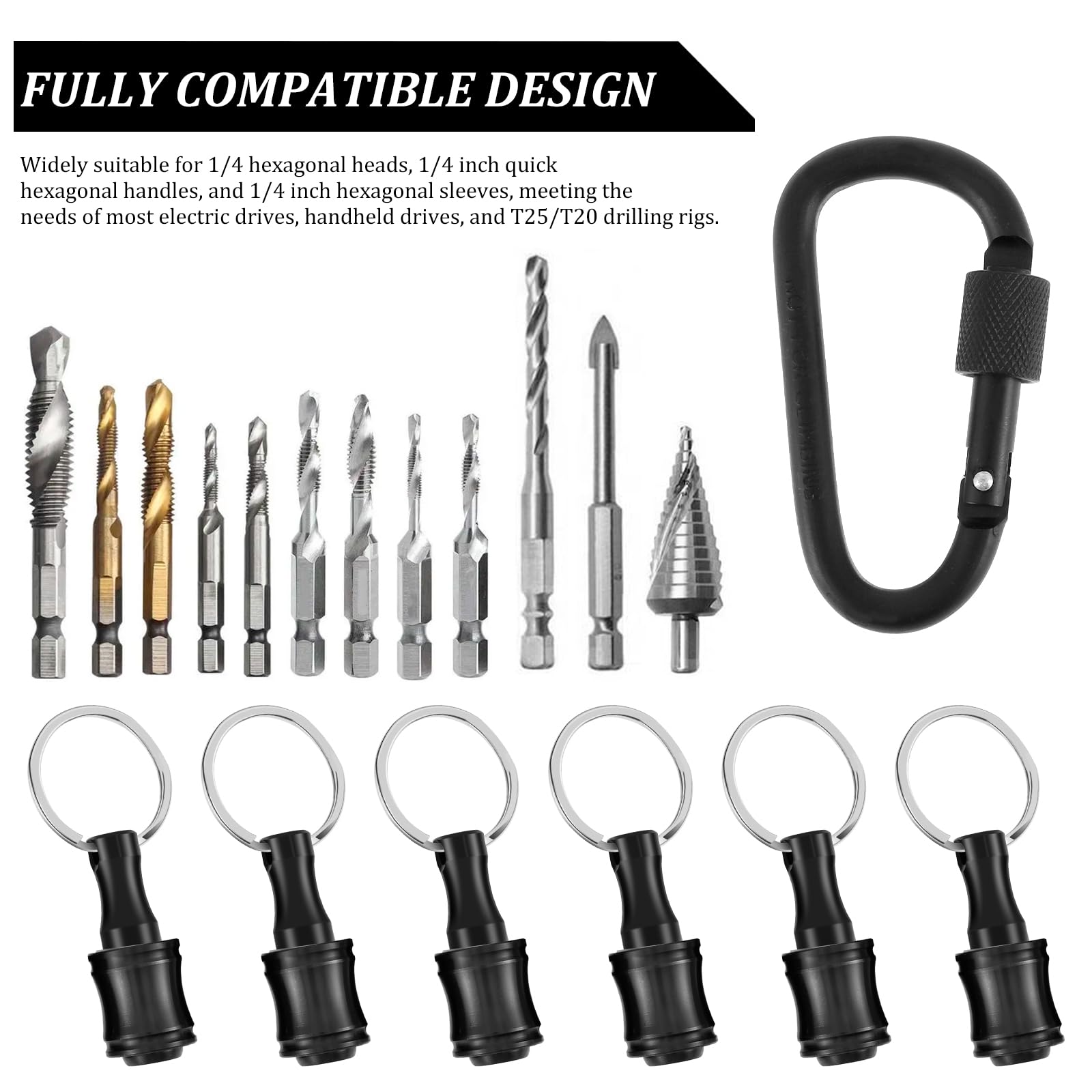 Lot de 18 porte-embouts, tige hexagonale de 6,35 mm en alliage d'aluminium, porte-embouts de tournevis, porte-embout à impact, porte-clés pour homme