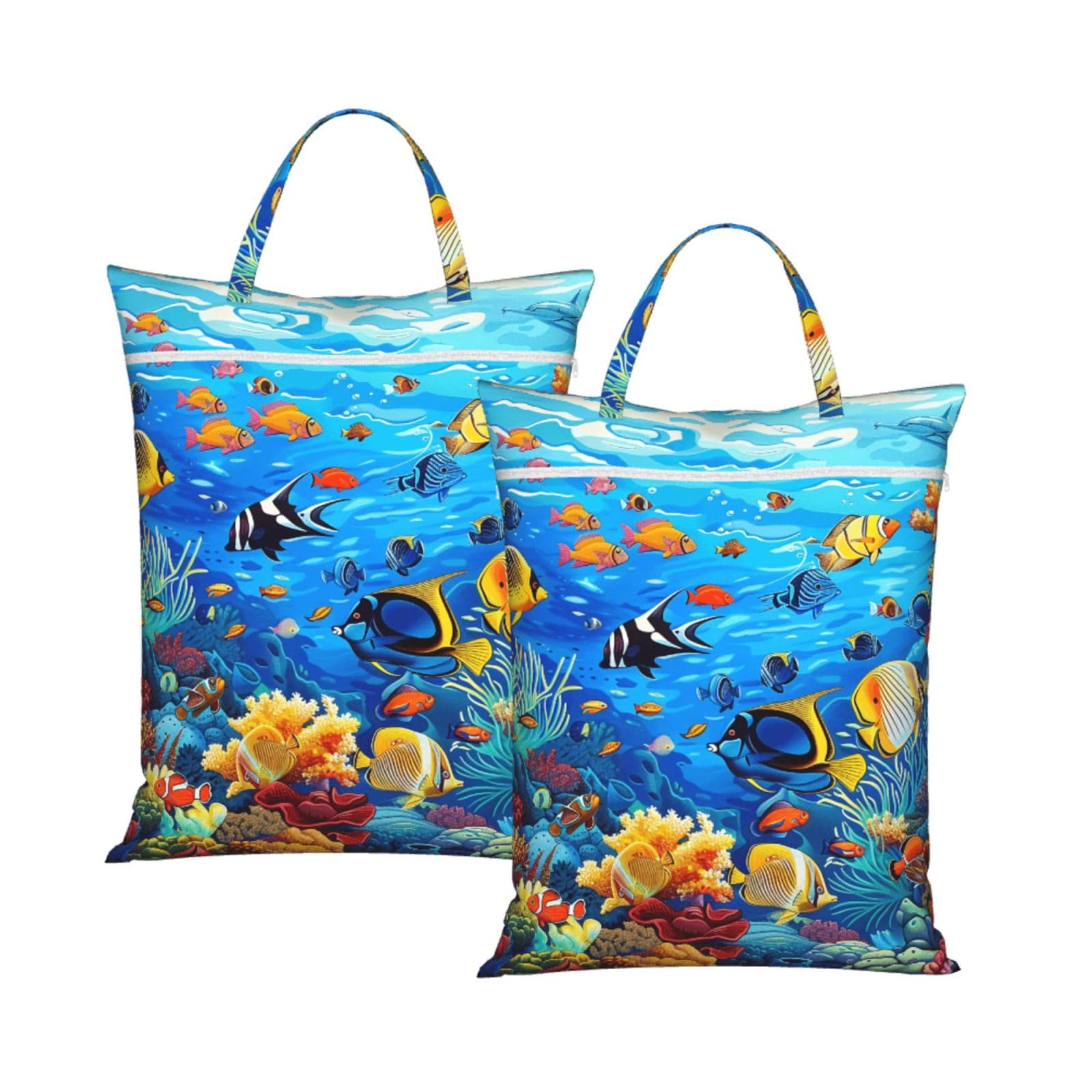 Large Travel Laundry Bags,Tropical Fish Coral Undersea World Print with Handle Foldable Laundry Bag for Holidays Gym Swimming and Family Trips, 2Pcs