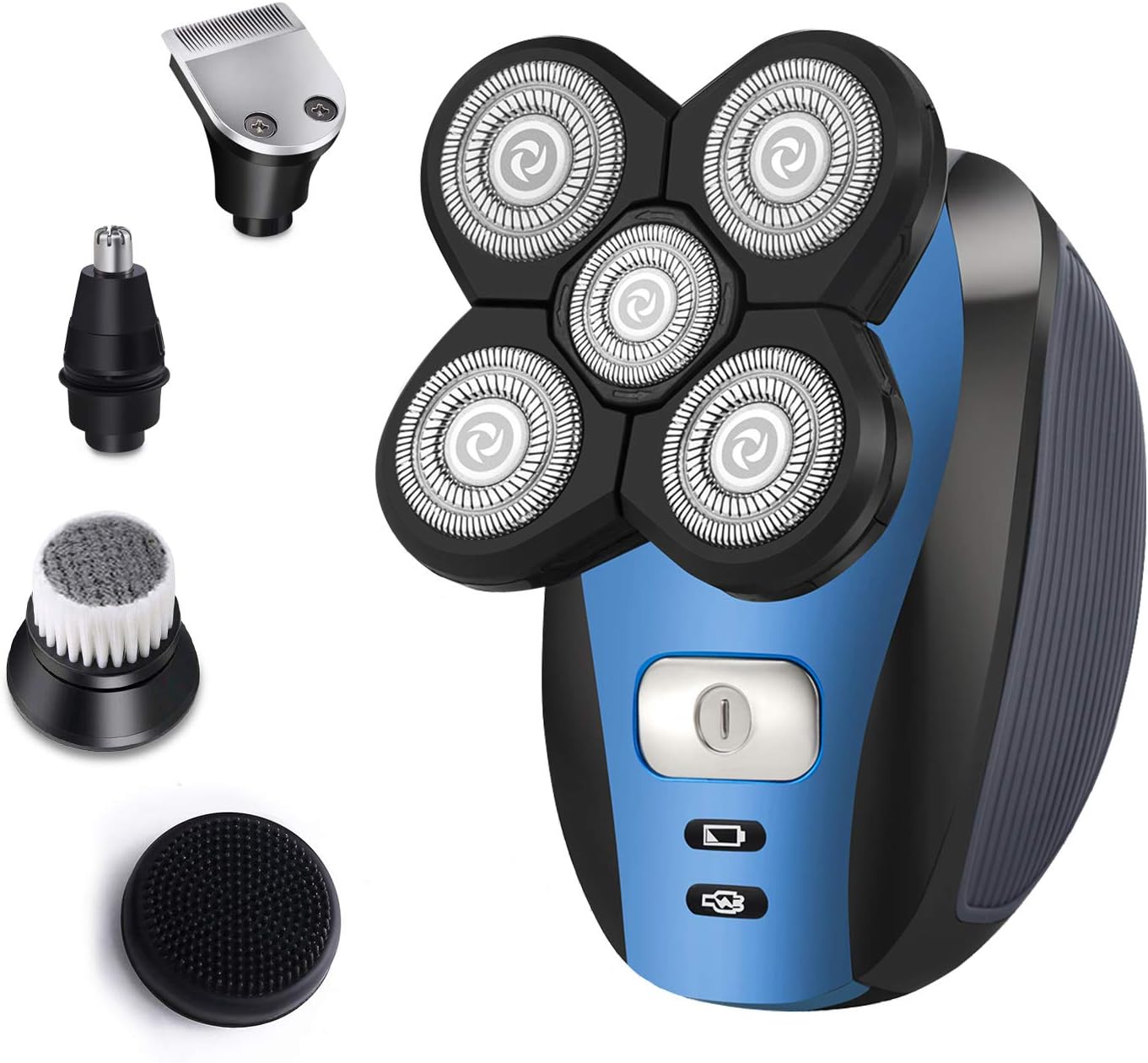 Roziahome Electric Razor for Men Bald Head Shaver 5 in 1 Grooming Kit Rechargeable Cordless Wet Dry Rotary Shaver Clippers Nose Hair Trimmer Facial Cleansing Brush Pop-up Trimmer