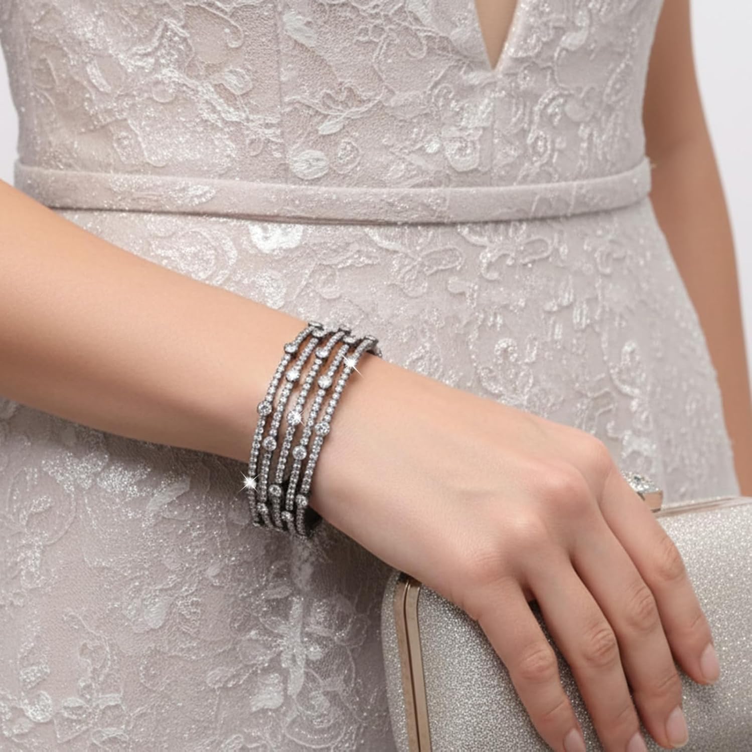 Jojomina Rhinestone Bracelet for Women Sparkling Layered Cuff Bangle Bracelets Jewelry Accessories for Wedding Prom Party