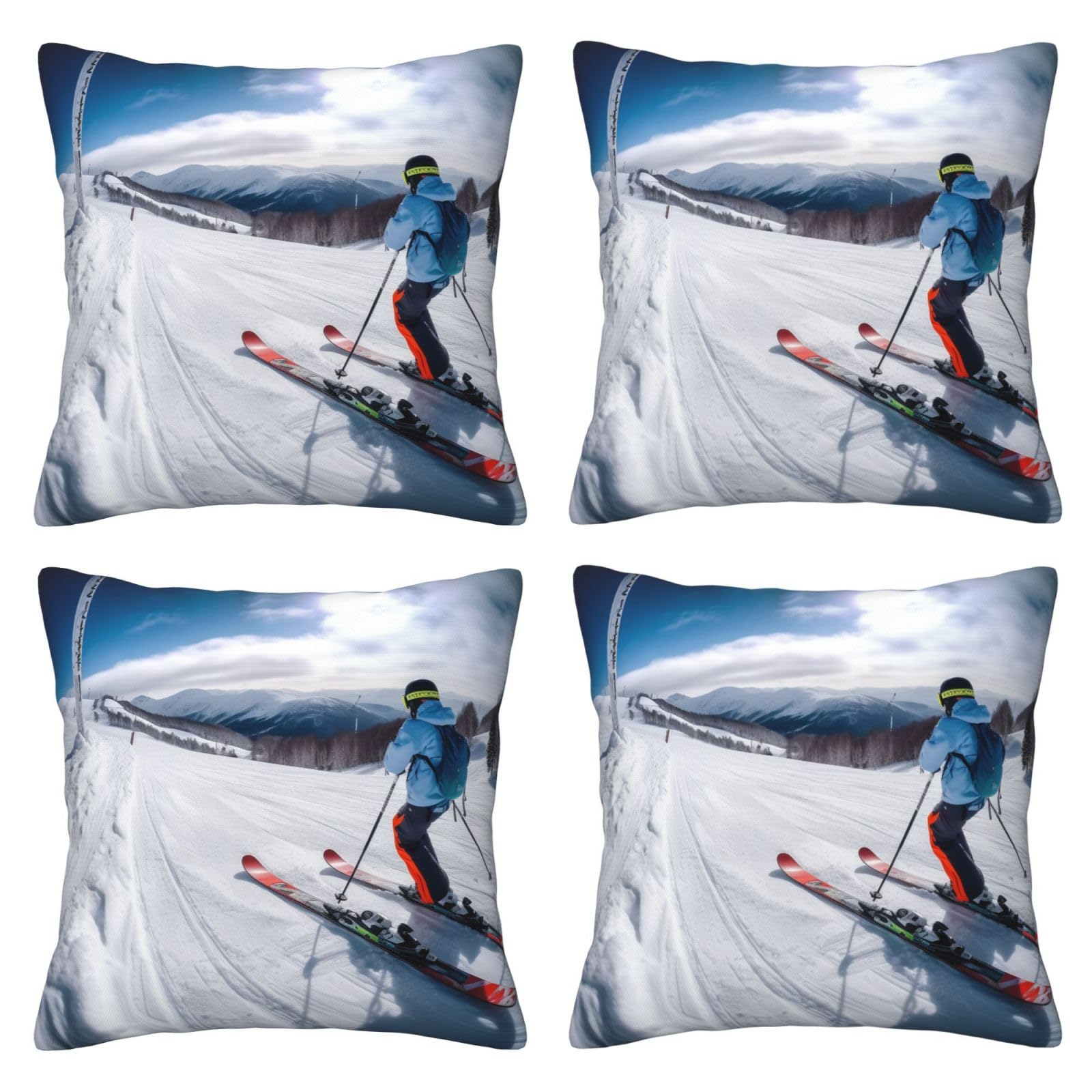 Winter Skiing Throw Pillow Cases 4 Pack Square Pillowcases Super Soft Pillow Protectors With Zipper for Couch Livingroom Sofa Bed Office Car,45x45 CM