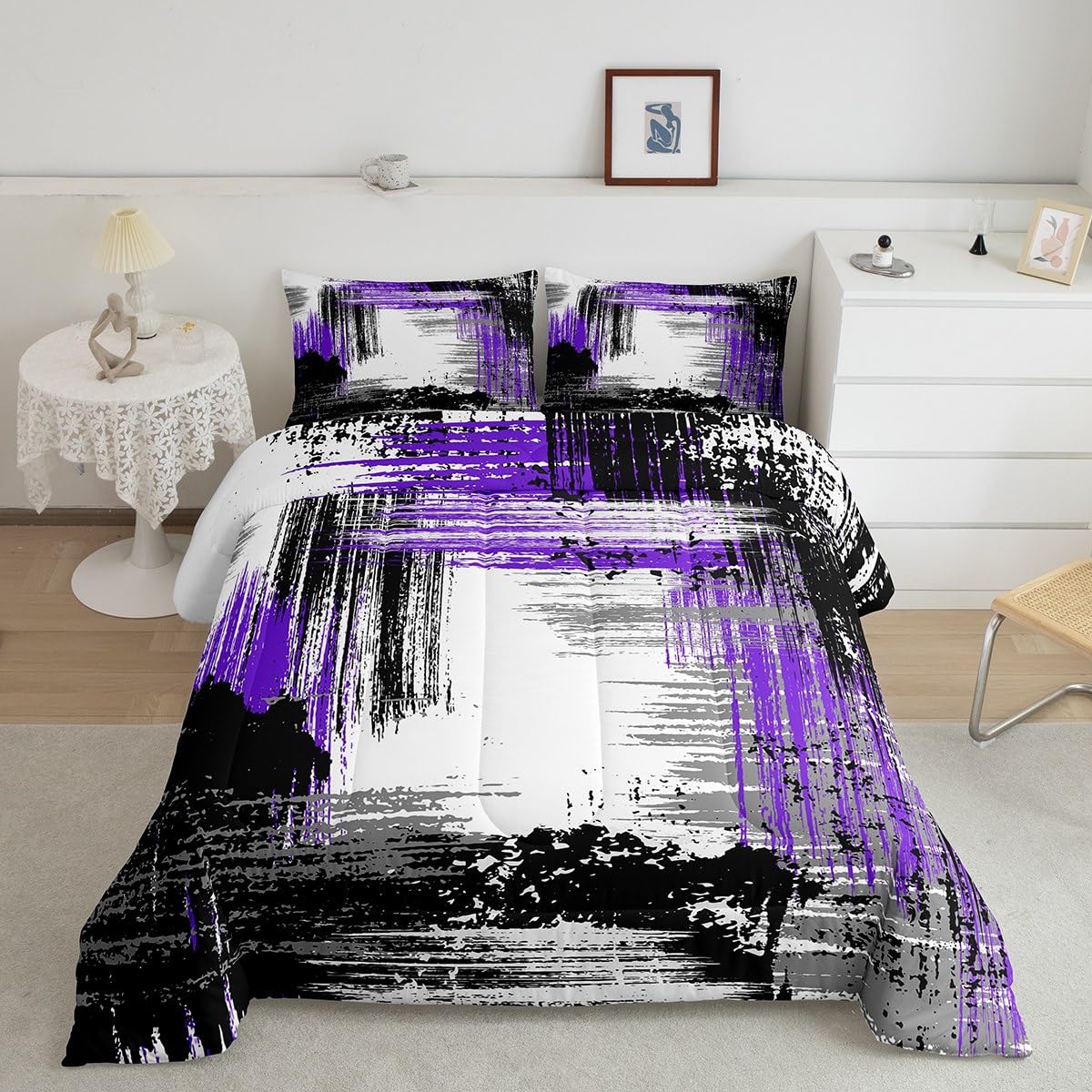 Manfei Abstract Comforter Set Queen Size, Modern Abstract Art Bedding Set 3pcs for Kids Boys Room Decor, Purple Black Grey Grunge Style Quilt Set Soft