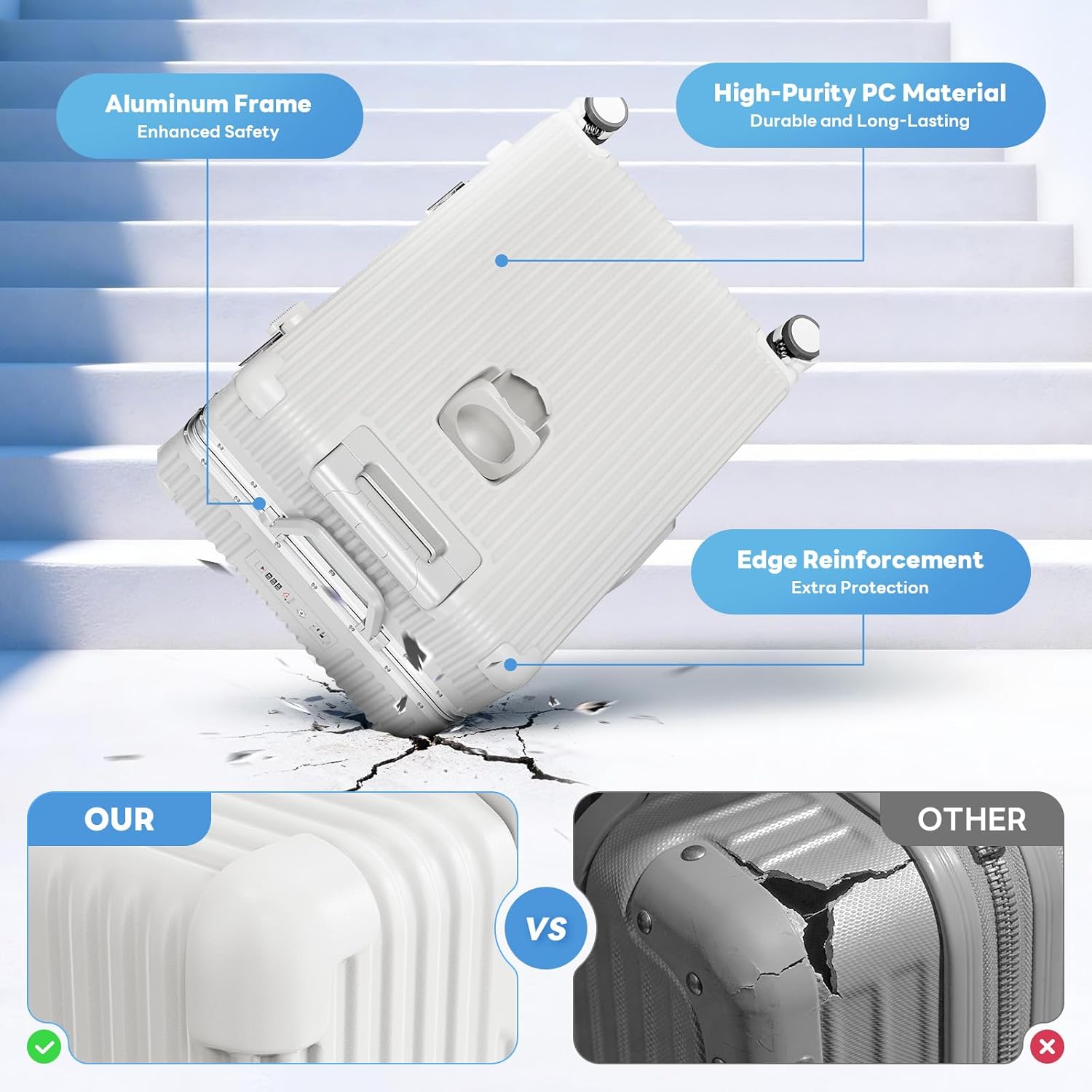 20 Inch Carry On Luggage Airline Approved, PC Hardshell Suitcase with Front Pocket, USB Charging Ports, Zipperless Aluminum Frame, 360 Spinner Wheels & TSA Lock for Travel