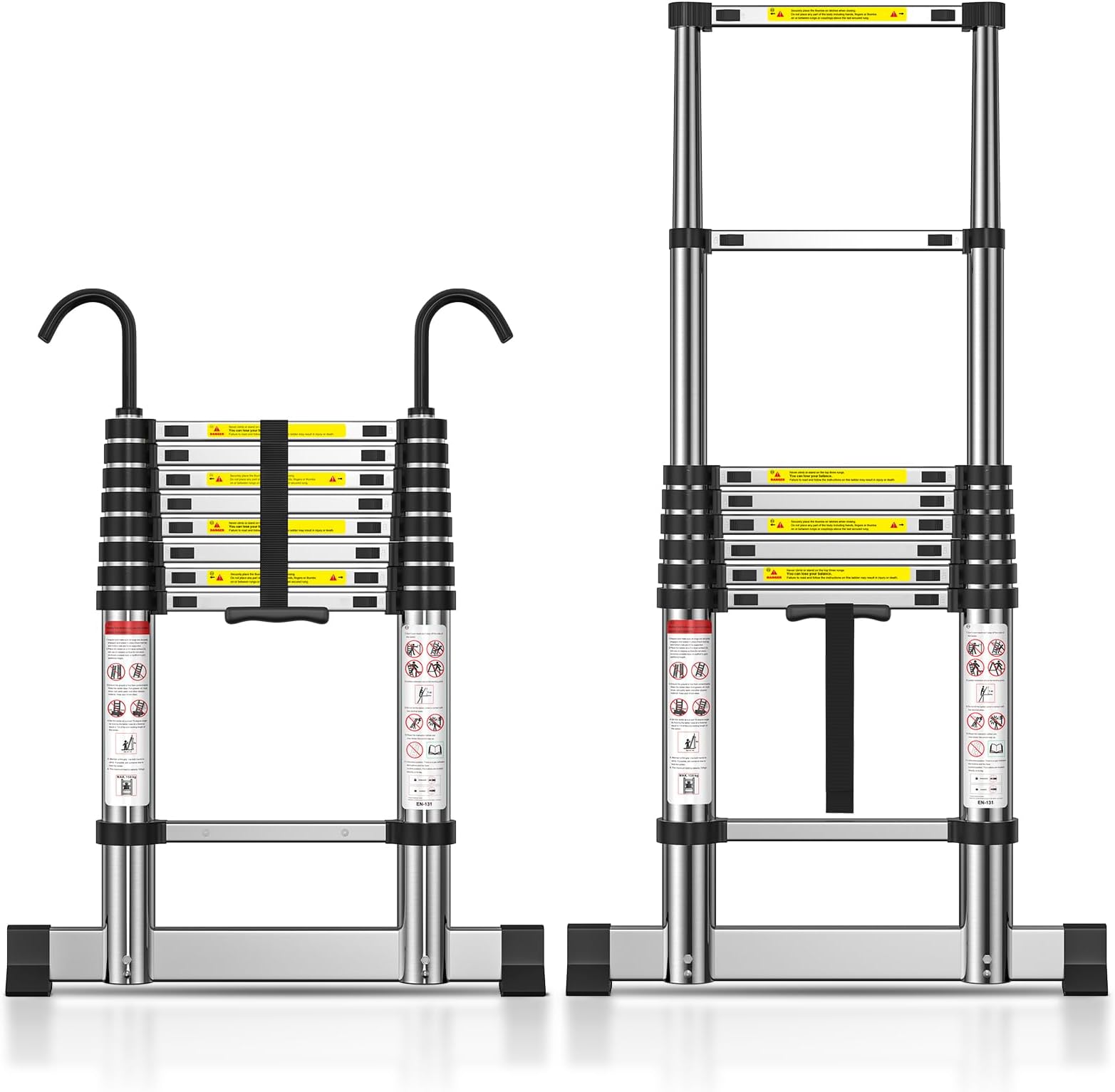TECKNET Telescopic Ladder 2.6M/8.5FT, Max Load 150kg/330lbs, Aluminium Extension Ladder with Stabilizer Bar & Detachable Hooks, Multi-Purpose Ladder for Home & Outdoor Work Loft Roof Attic RV, EN131