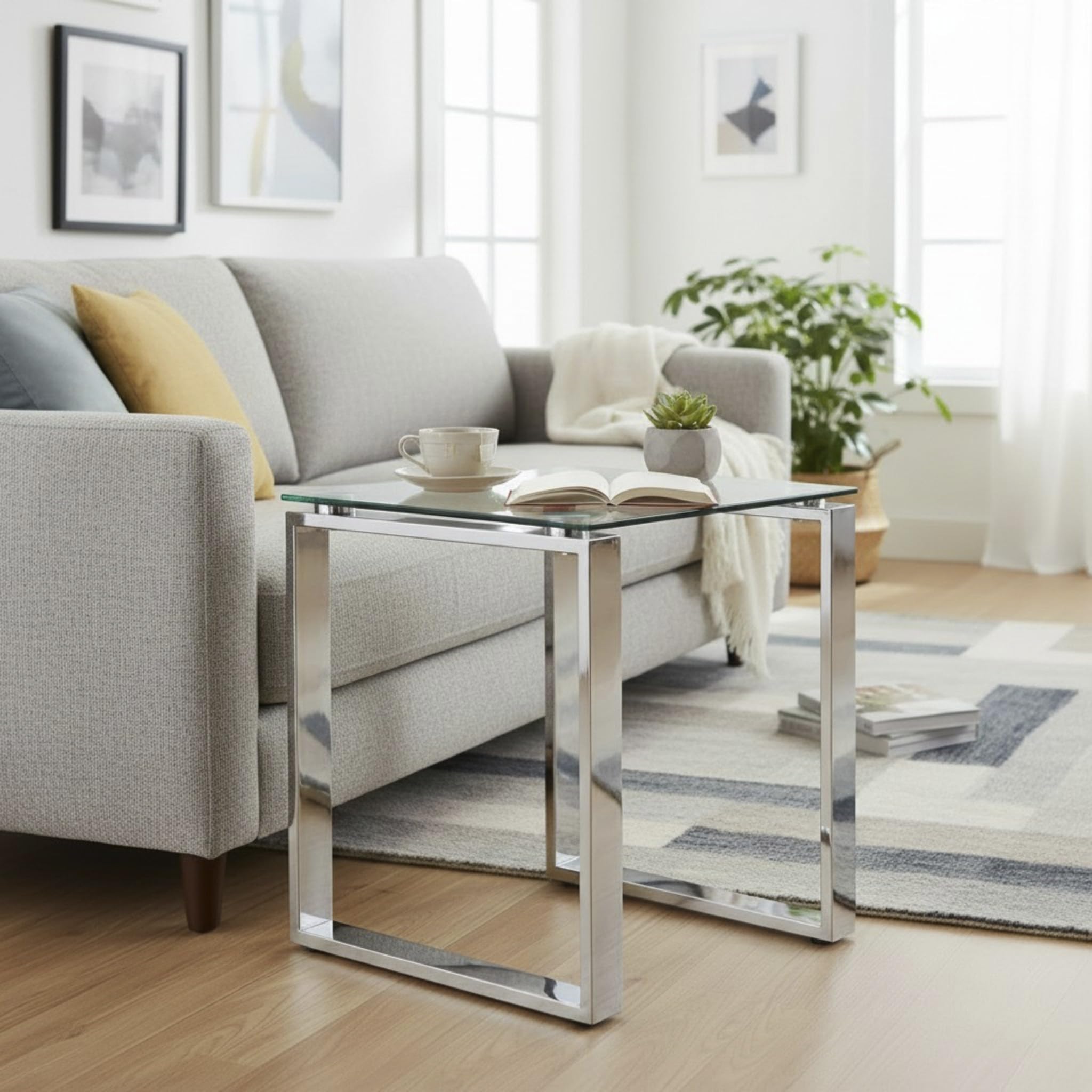 HAKU Mesita Auxiliar Acero Inoxidable Tablero de Cristal Transparente Mesa de sofá con Vidrio de Seguridad 8 mm Mesa de Centro - Dim.: An 42 x Al 45 x P 42 cm; Estilo: Moderno