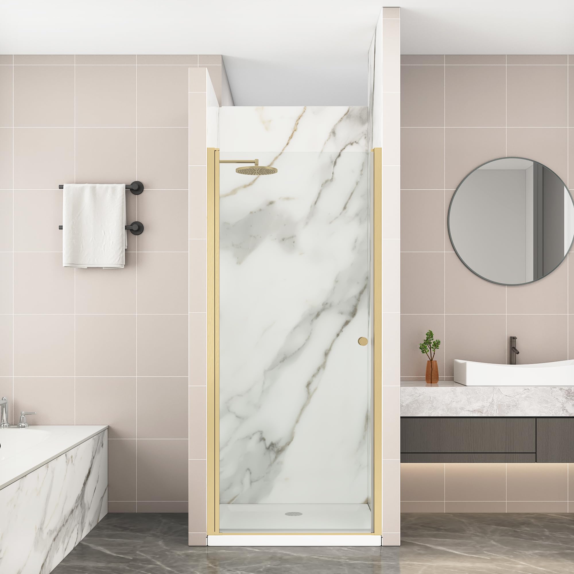 pivot shower door,28-30" w x 72" h frameless shower door, 1/4" (6 mm) in thick clear tempered glass, brushed gold finish, reversible glass shower door