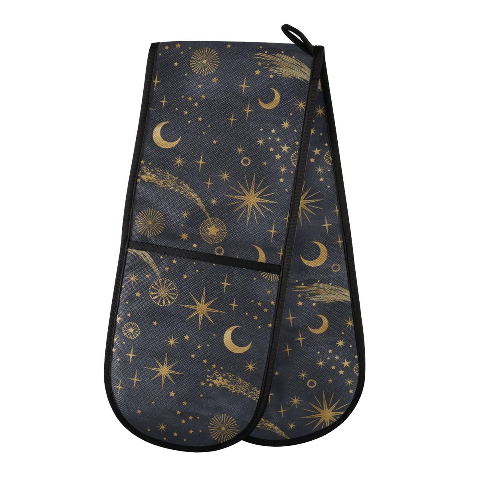 Double Oven Gloves Gold on Black Starry Pattern Heat Resistant Pot Holder Oven Mitt Gloves for BBQ Cooking Baking Grilling Microwave