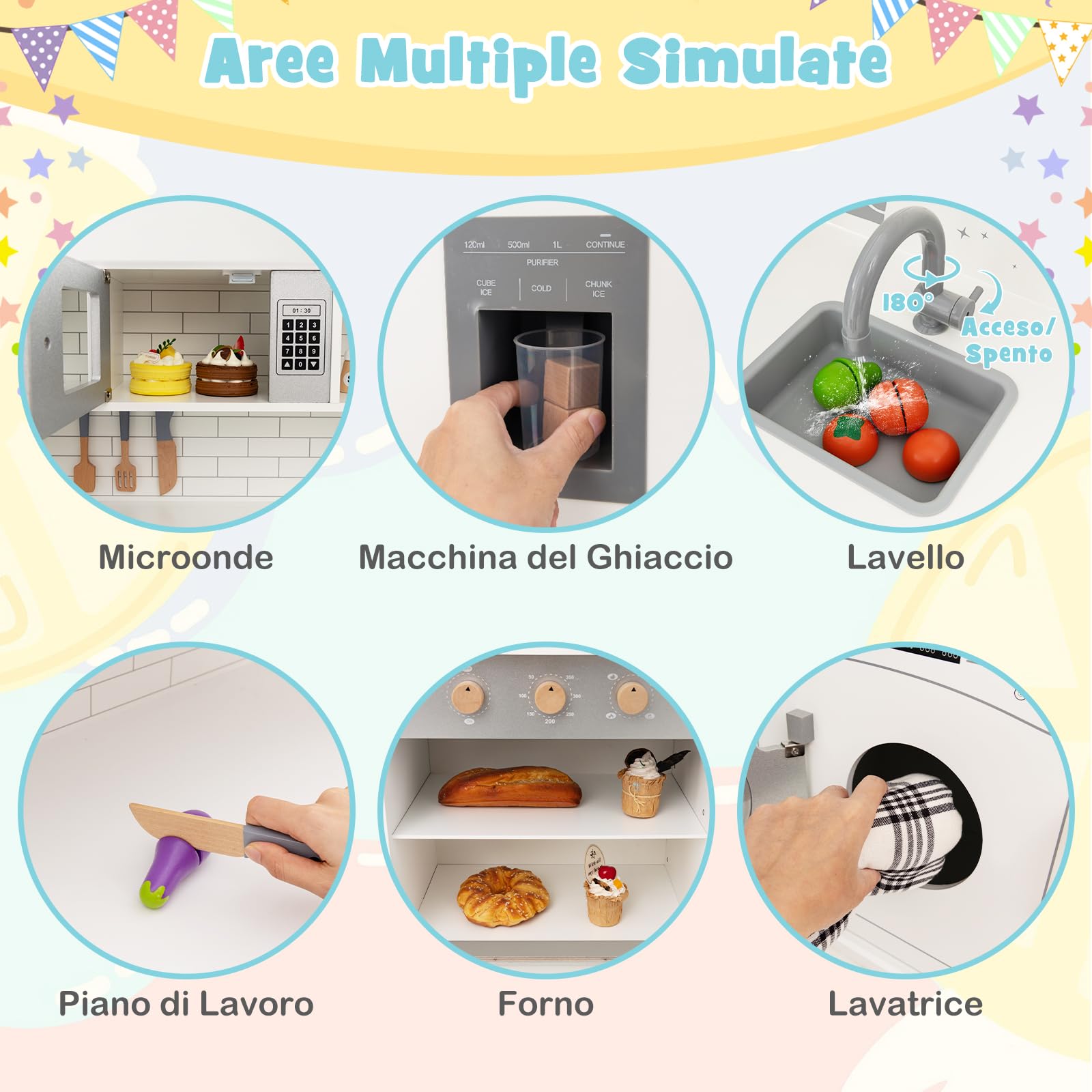 COSTWAY Set Gioco da Cucina per Bambini d'Angolo, Cucina Giocattolo in Legno con Macchina di Ghiaccio, Microonde, Lavatrice e Accessori, con Suoni e Luci, per Bambini 3-10 Anni (Bianco)