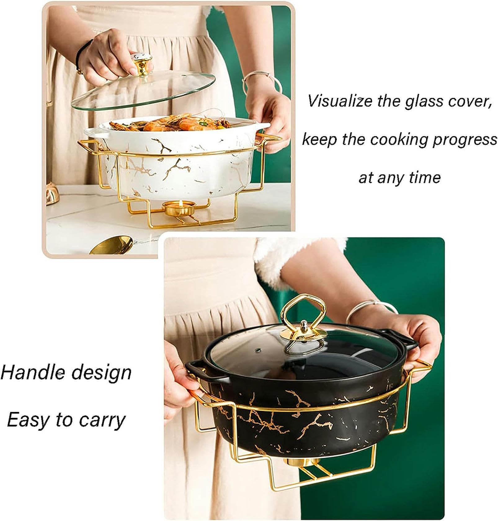 Elegante juego de platos redondos con tapa de cristal, acabado de mármol de cerámica, calentador de alimentos para bodas, fiestas, banquetes, catering