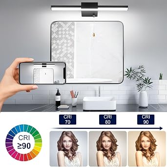 40CM Bathroom Mirror Light with Pull Cord 3 Colors Dimmable Lamps | Bathroom Wall Lights with switch 8W, IP44 Shaving&Make Up Mirror Lights Picture Lights for Living Room Black [Energy Class G]