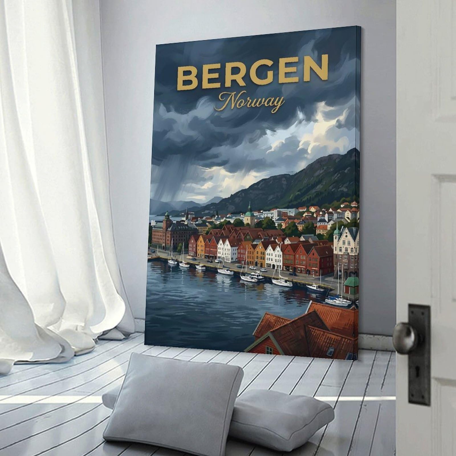 Junmoney Bergen Norway Vintage Room Decor Wall Art 08x12inch(20x30cm), for Entrance Spaces, Stair Walls Or Halls, A Neat Decor Update for Hallways