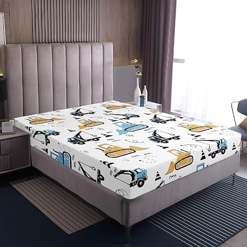 Miniatura 4 de Juego de sábanas bajeras para niños con diseño de caricaturas para niños, equipamiento para camiones, sábana de cama, excavadora, tractor, blanco,