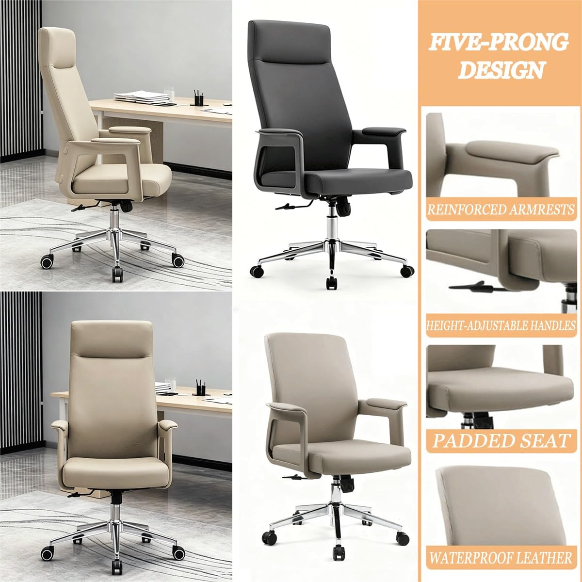 Silla de Oficina, Giratoria/Ajustable en Altura/con reposabrazos | Cómoda silla for juegos con soporte lumbar for oficina en casa/sala de estar/dormitorio(Khaki,Low-Back)