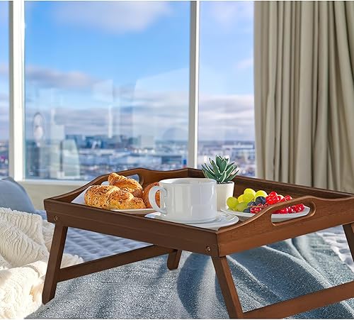 Miniatura 2 de Paquete de 2 bandejas de cama para mesa de desayuno, bandejas para servir, bandeja de bambú para camalaptop con patas plegables, asas y soportes