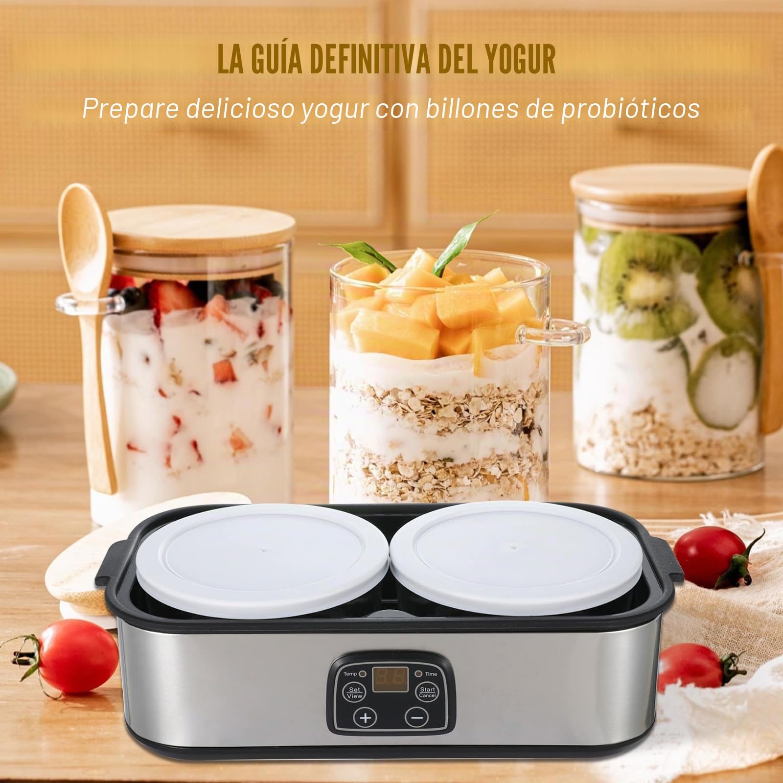 Yogurtera de 2 litros, máquina de yogur con 2 vasos, yogurtera con control de temperatura y tiempo, máquina de yogur griega automática multifuncional, enchufe de la UE 220 V