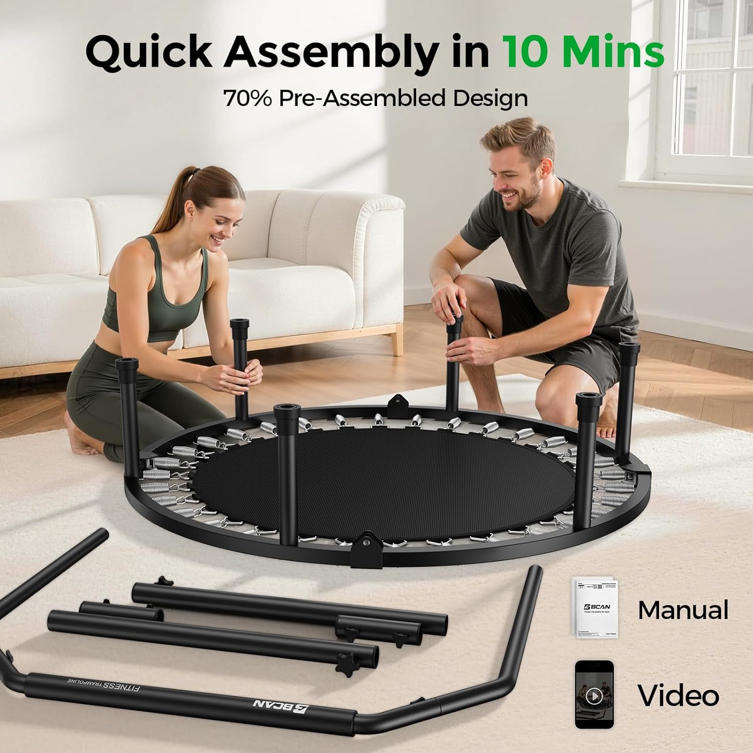 BCAN 40"/48" Foldable Mini Trampoline, Rebounder Trampoline for Adults, U/T Adjustable Foam Handle, Exercise Rebounder for Adults Indoor/Garden Workout, Max Load 330lbs/440lbs