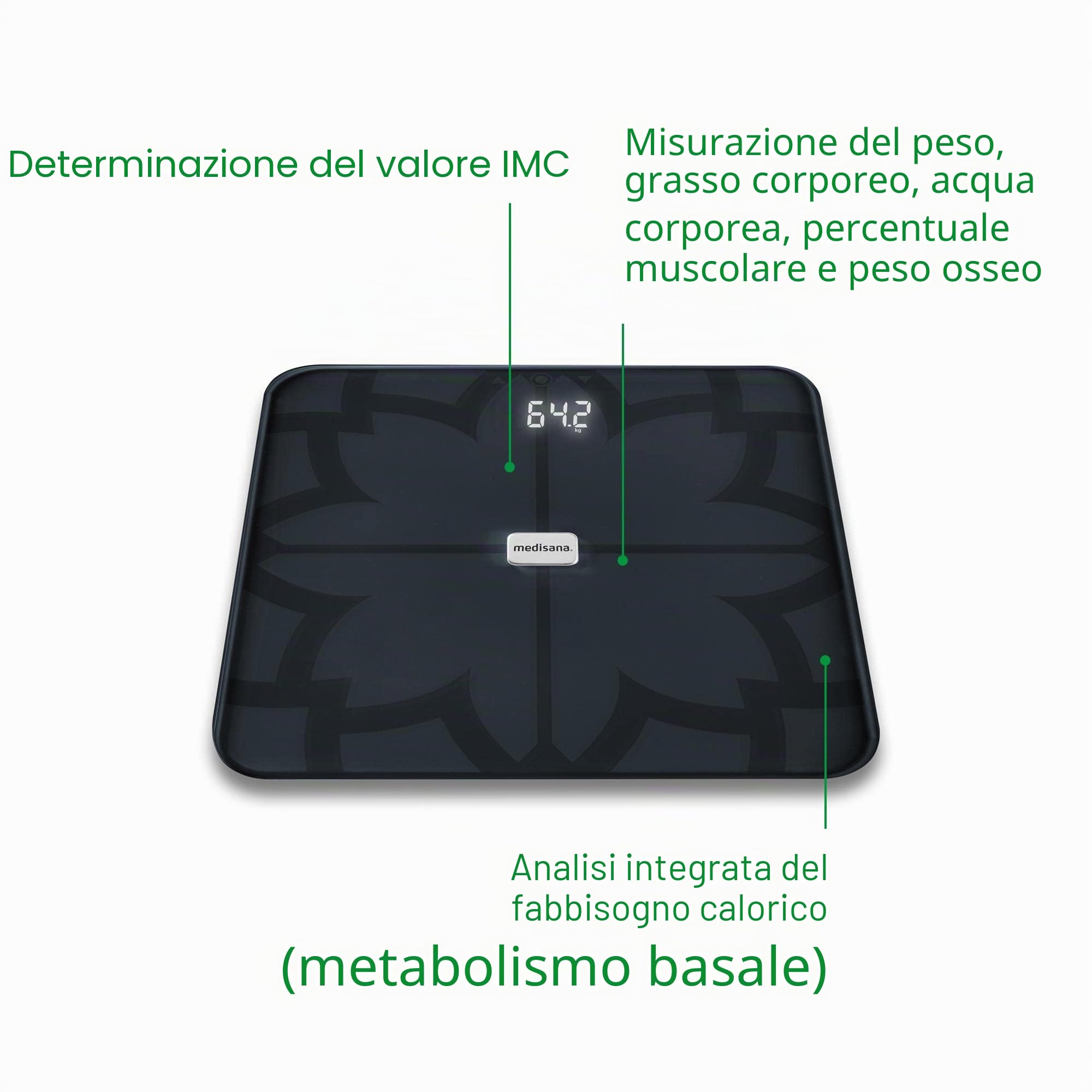 medisana BS 450 connect Bilancia digitale per il corpo, Bilancia personale, Bilancia per la massa grassa con app, Misurazione della massa grassa, Della massa muscolare e del peso osseo, Nero