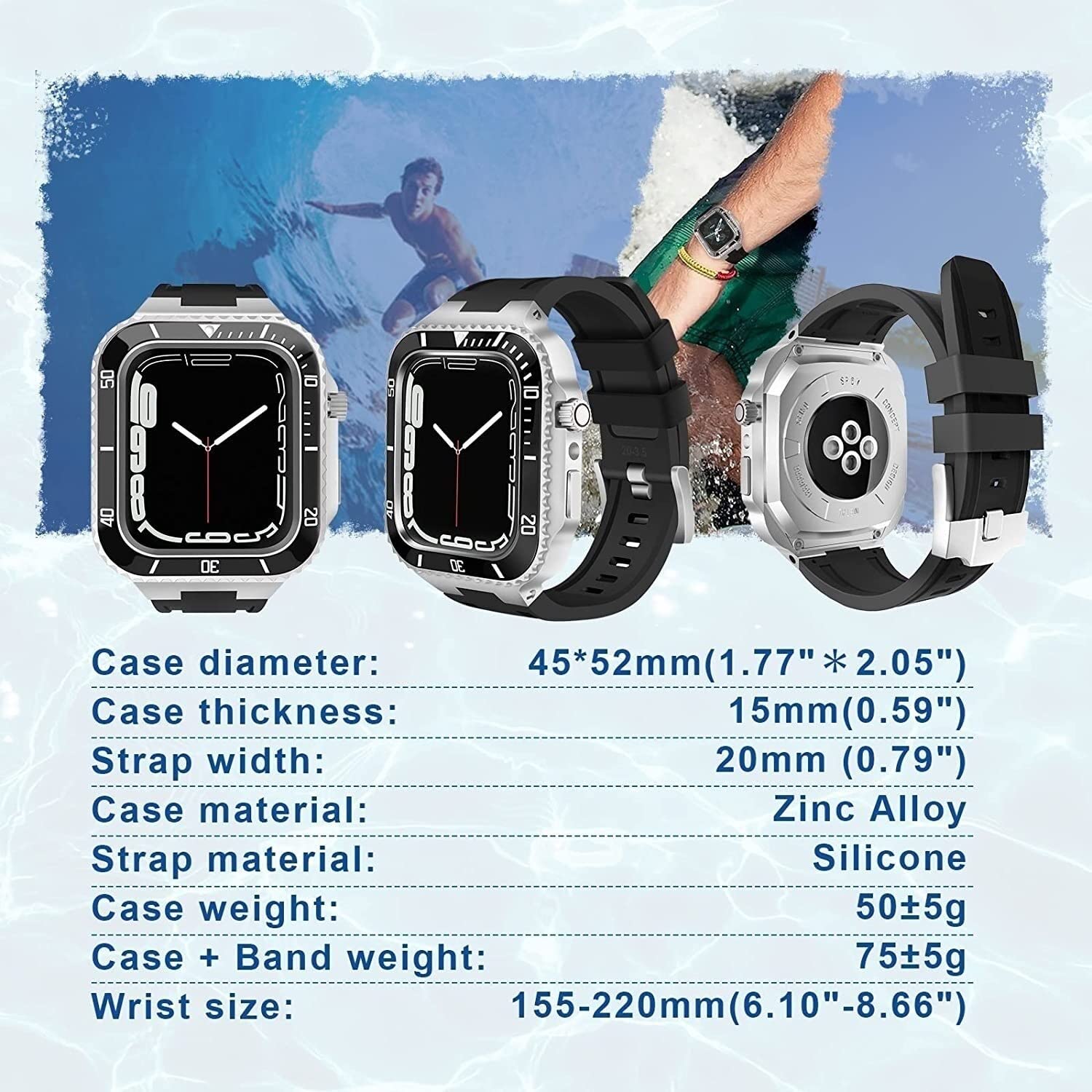 Ceramiczne etui do zegarka + zestaw do modyfikacji paska zegarka, do Apple Watch 8 7 45 mm, metalowa ramka ze stali nierdzewnej, silikonowy pasek do zegarka, zestaw doposażenia, do IWatch serii