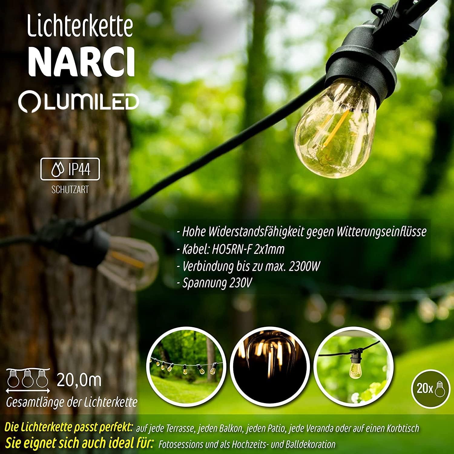 Lumiled Lichterkette Außen 20 Meter mit 20 E27 LED 1,3W Glühbirne ST45 Warmweiß 2200K 230V Birnen für Garten Biergarten Party Hochzeit Dekoration Terrasse Weihnachten verlängerbar mit Strom