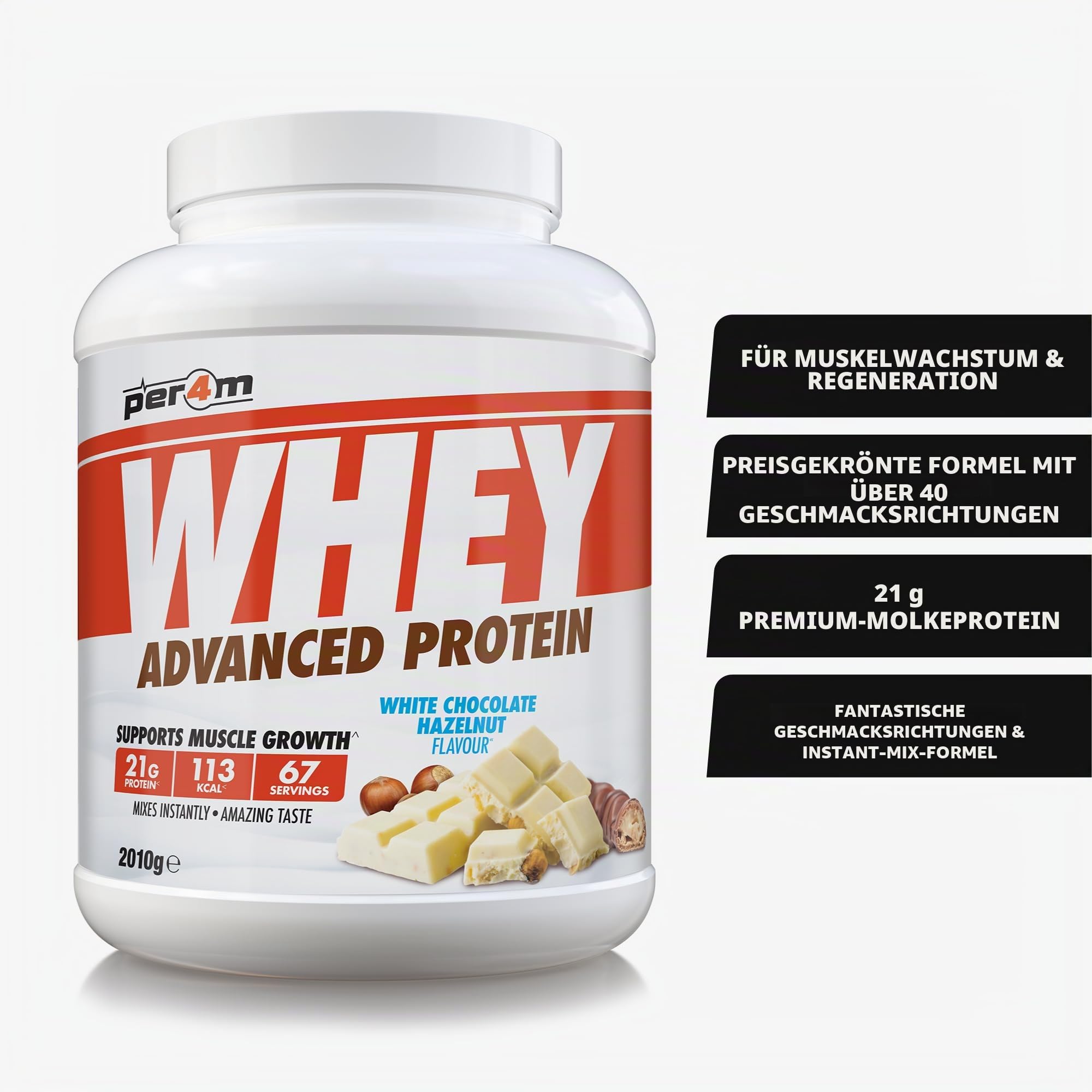 Per4m Whey Protein, Molkenprotein mit vollem Aminosäureprofil, unterstützt Muskelaufbau & Regeneration, reich an essentiellen Aminosäuren, als Kapsel täglich – Weiße-Schokolade-Haselnuss – 2.01kg