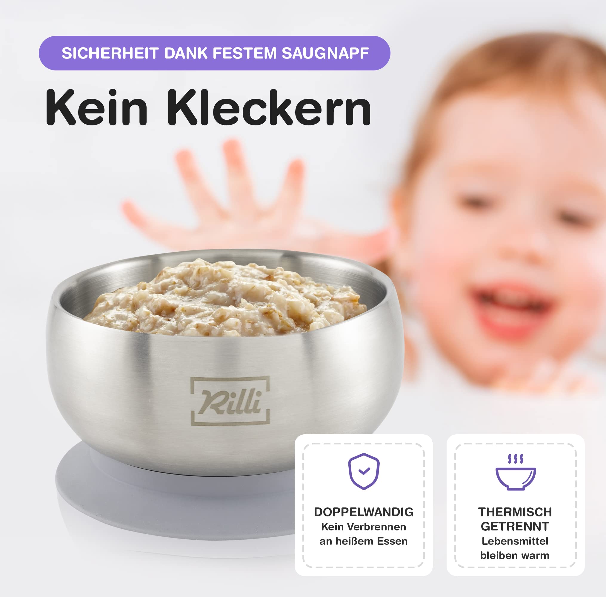 Rilli Bol à ventouse - Bol à fruits ou à largeur - Bol en acier inoxydable avec couvercle en silicone - Harnais antidérapant pour bébé - Ventouse moderne