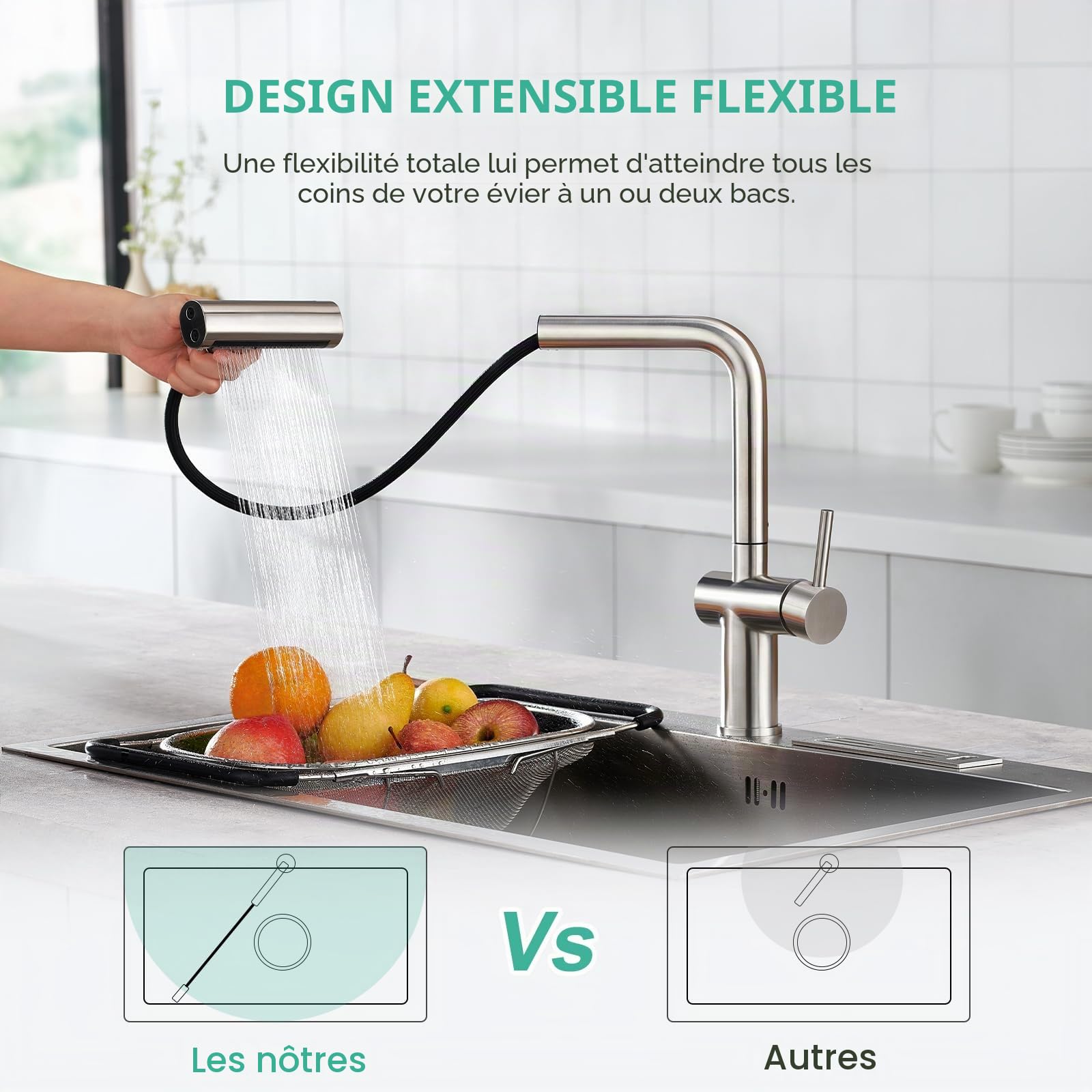 Faustina Robinet Évier de Cuisine avec Douchette 4 Fonctions Extensible, Mélangeur Monocommande Monotrou