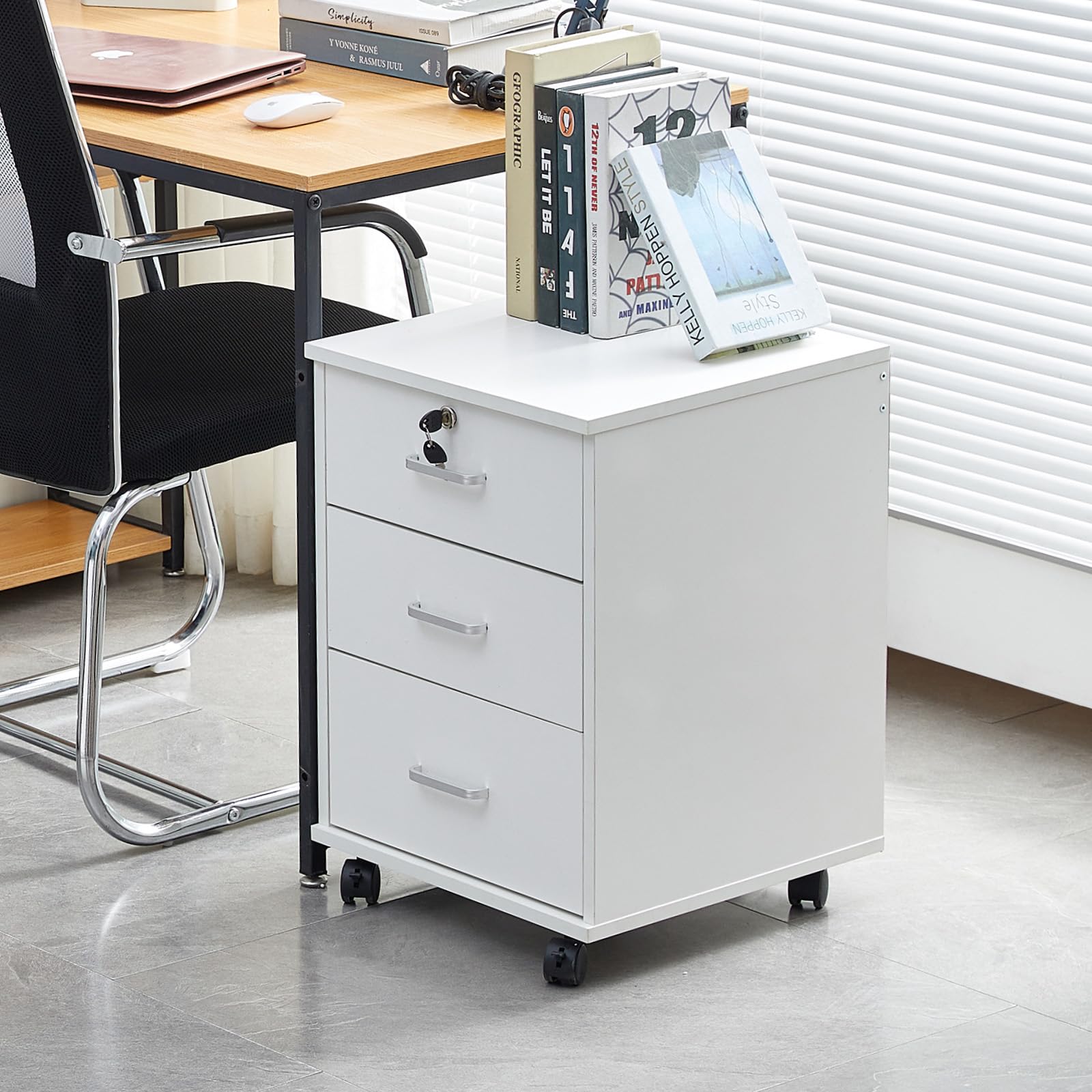 LEMROE Archivador móvil de 3 cajones con cerradura y ruedas, estilo industrial, archivador de madera para oficina en casa (blanco, 3 cajones)