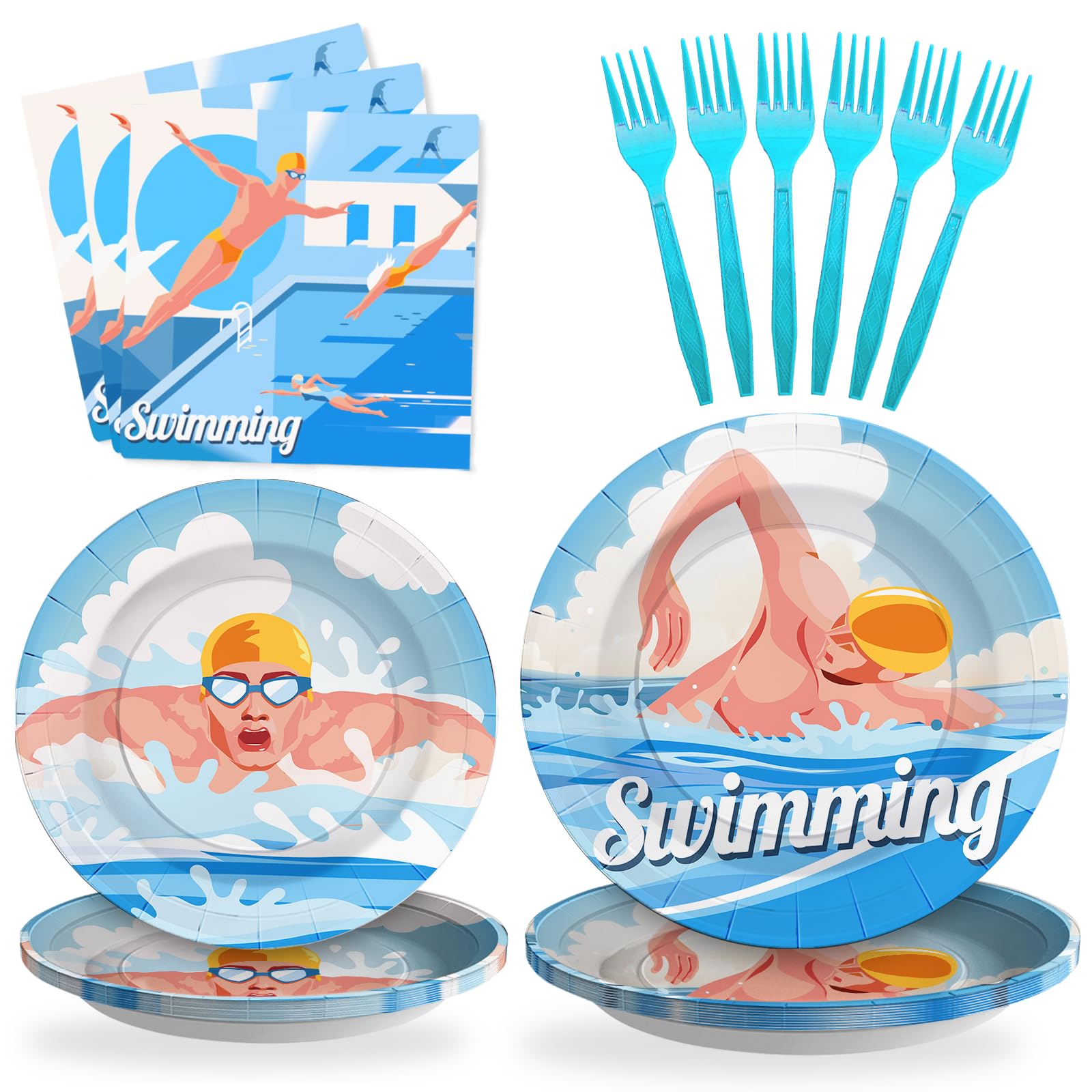 SCIONE 96PCS Swimming Plates and Napkins Party Supplies for 24 Guests, Swimming Sports Theme Birthday Party Decorations Tableware Set for Swimmer Summer Pool Party Decoration