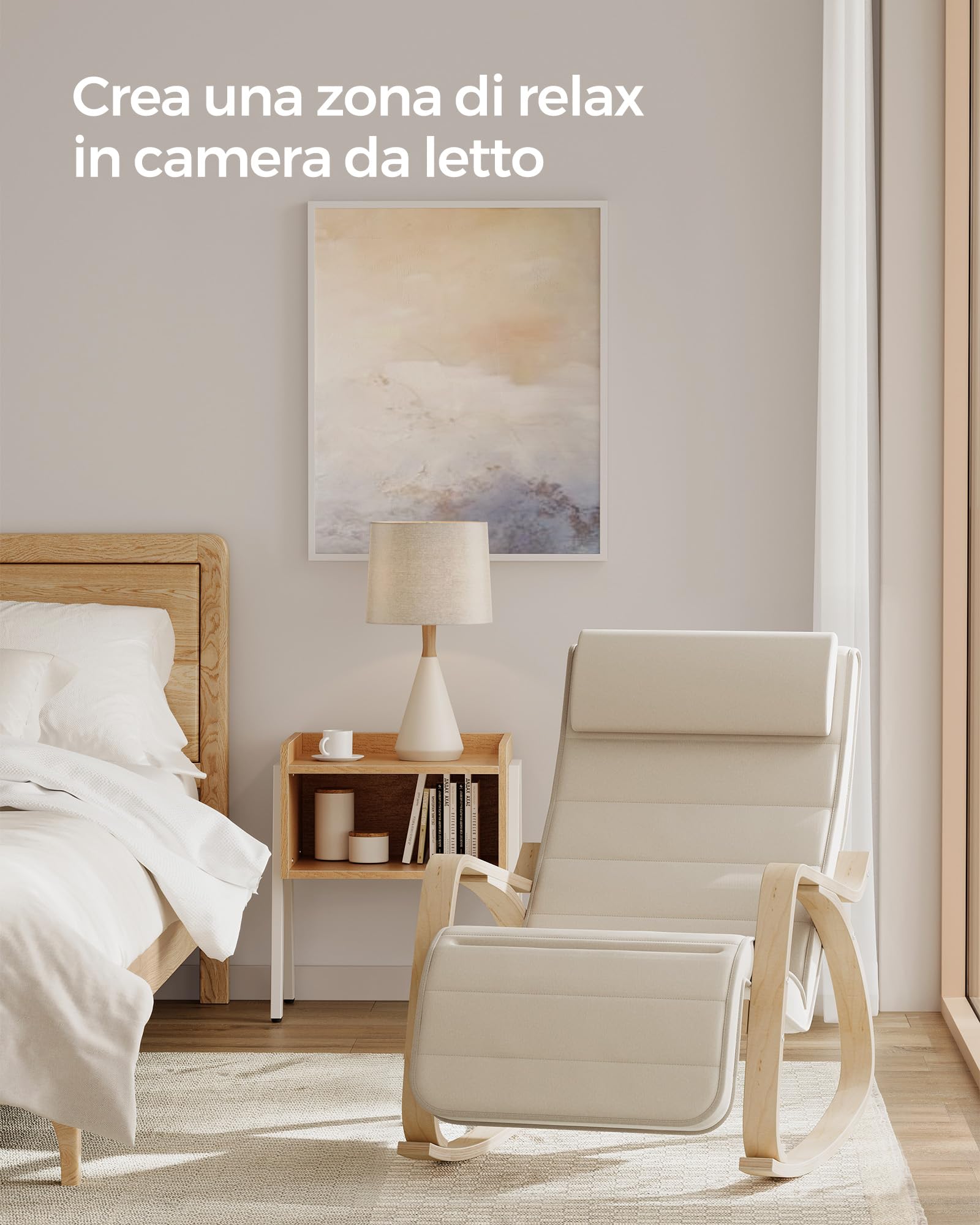 SONGMICS Sedia a Dondolo con Braccioli in Legno di Betulla, Poltrona a Dondolo con Poggiapiedi Regolabile in 5 Posizioni, Max Portata 150 kg, Soggiorno Cameretta, Beige LYY10M