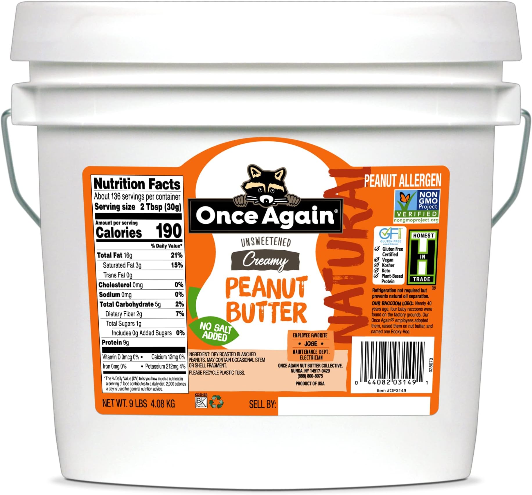 Once Again Natural, Creamy Peanut Butter, 9lb Bucket (same as 9 jars) - Salt Free, Unsweetened - Gluten Free Certified, Vegan, Kosher, Non-GMO Verified