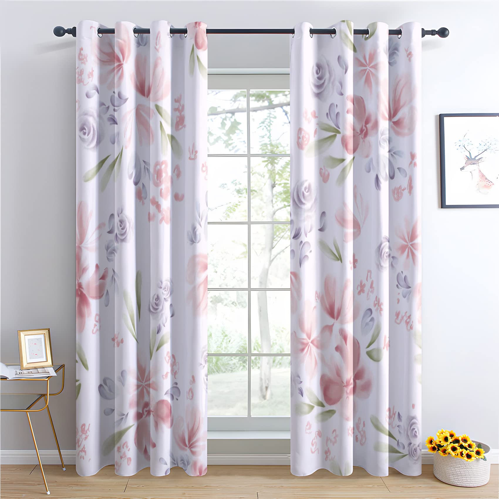 Uiiooazy Rideaux Occultants à Isolation Thermique Avec œillets - Motif Floral Rose - Pour Salon, Chambre à Coucher, Salle à Manger - 2 Panneaux