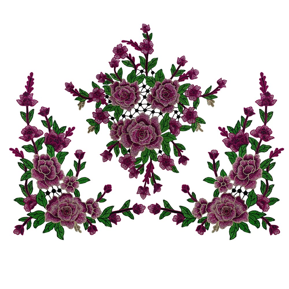 Sunbe Shine Purple 1Set/3Pieces 3D Floral Embroidered Fabric Patches Lace Motif Applique Trimming Craft Diy Bordado Sewing Supplies (Purple)