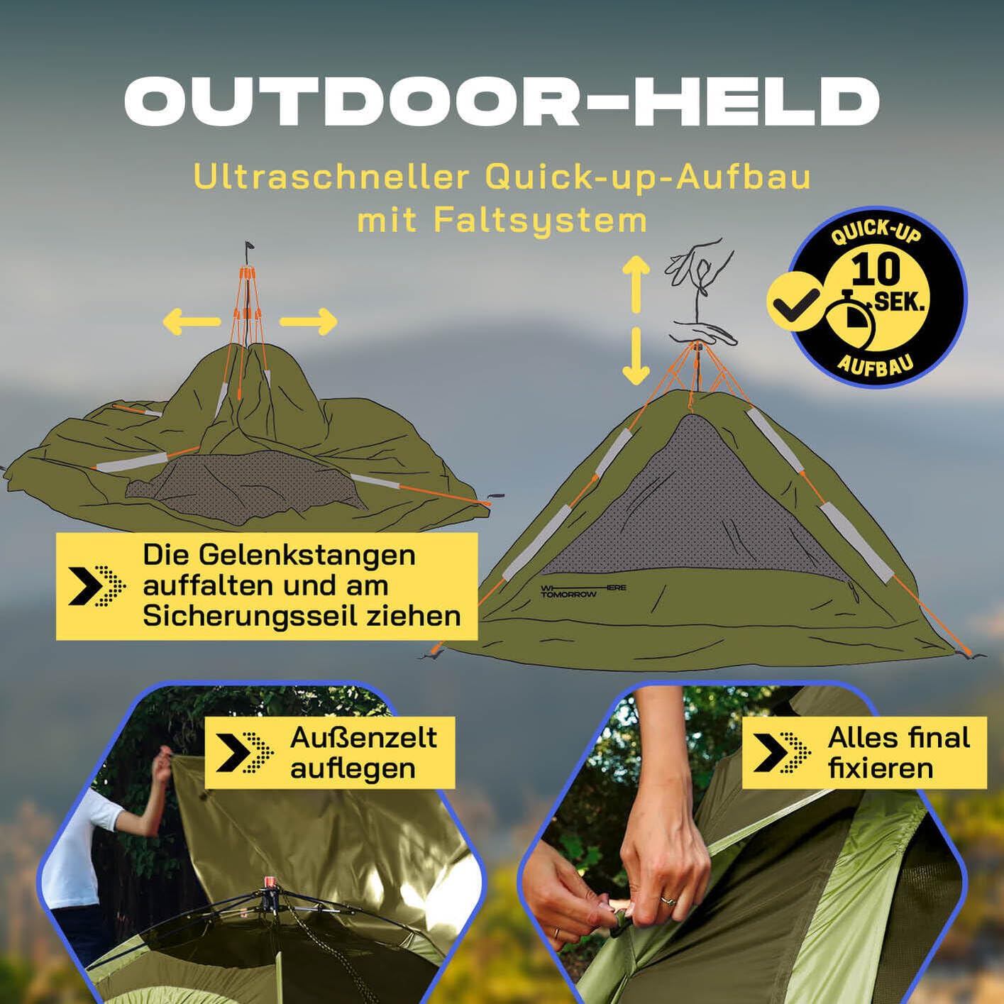Lumaland Camping Zelt | Leichtes Pop Up Wurfzelt | 2-4 Personen Kuppelzelt | Trekking & Festival Igluzelt | Sekundenzelt Wasserdicht 210x190x110cm | Ideal auch als Strand Wind- & Sonnenschutz
