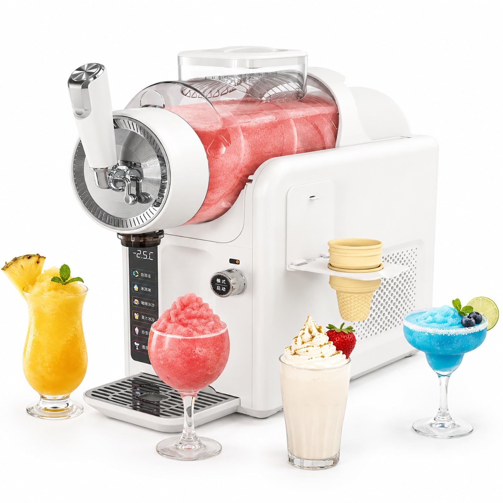 vnmudzeo Soft Serve Ice Cream Maker and Slushy Machine - 2L Freeze Drink Machine, 185W, No Ice Needed, LED Display, Auto Clean White