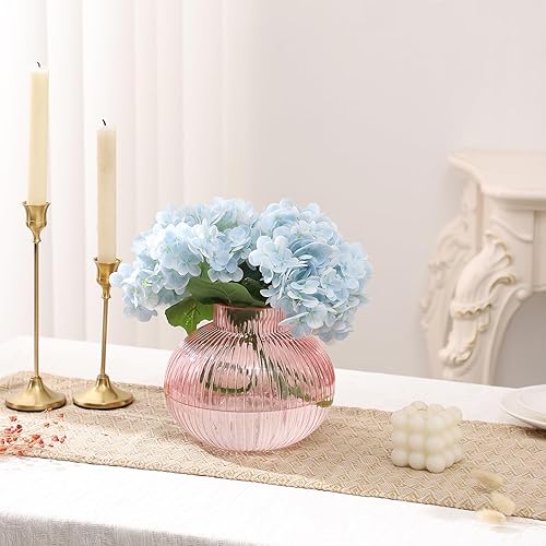 Miniatura 3 de Jarrón de cristal rosa para flores, florero de vidrio acanalado, jarrones redondos para tulipanes, jarrones cortos para sala de estar, oficina, mesa