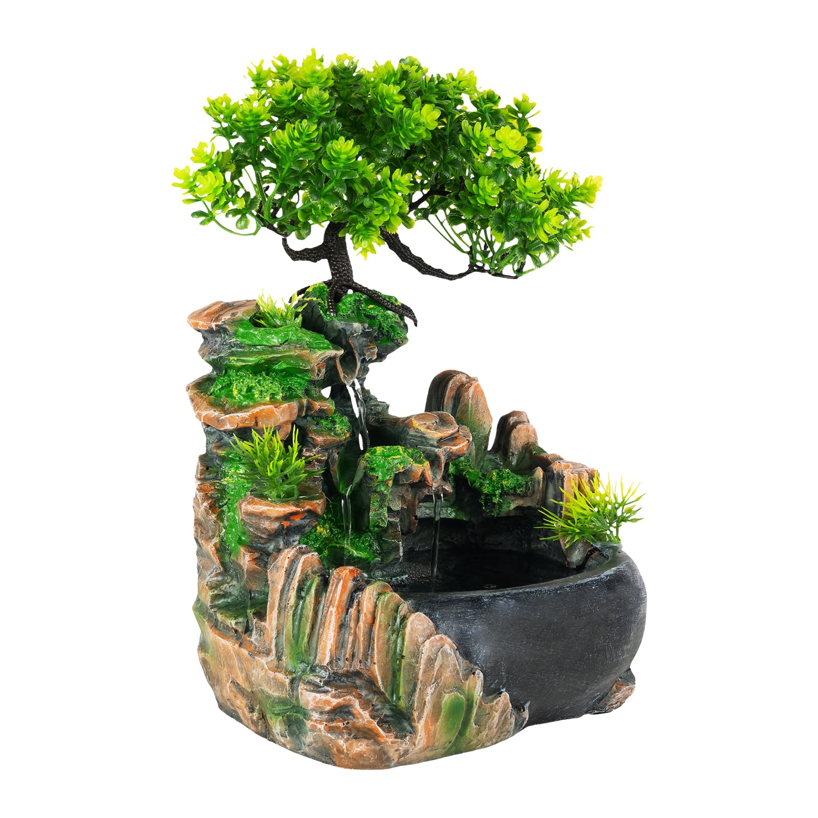 Tischbrunnen mit LED Beleuchtung, 28 x 20 x 15 cm Zimmerbrunnen aus Harz mit Wasserfall-Effekt, Indoor Brunnen mit Pumpe für Wohnzimmer Büro Schlafzimmer, Schwarz Grün