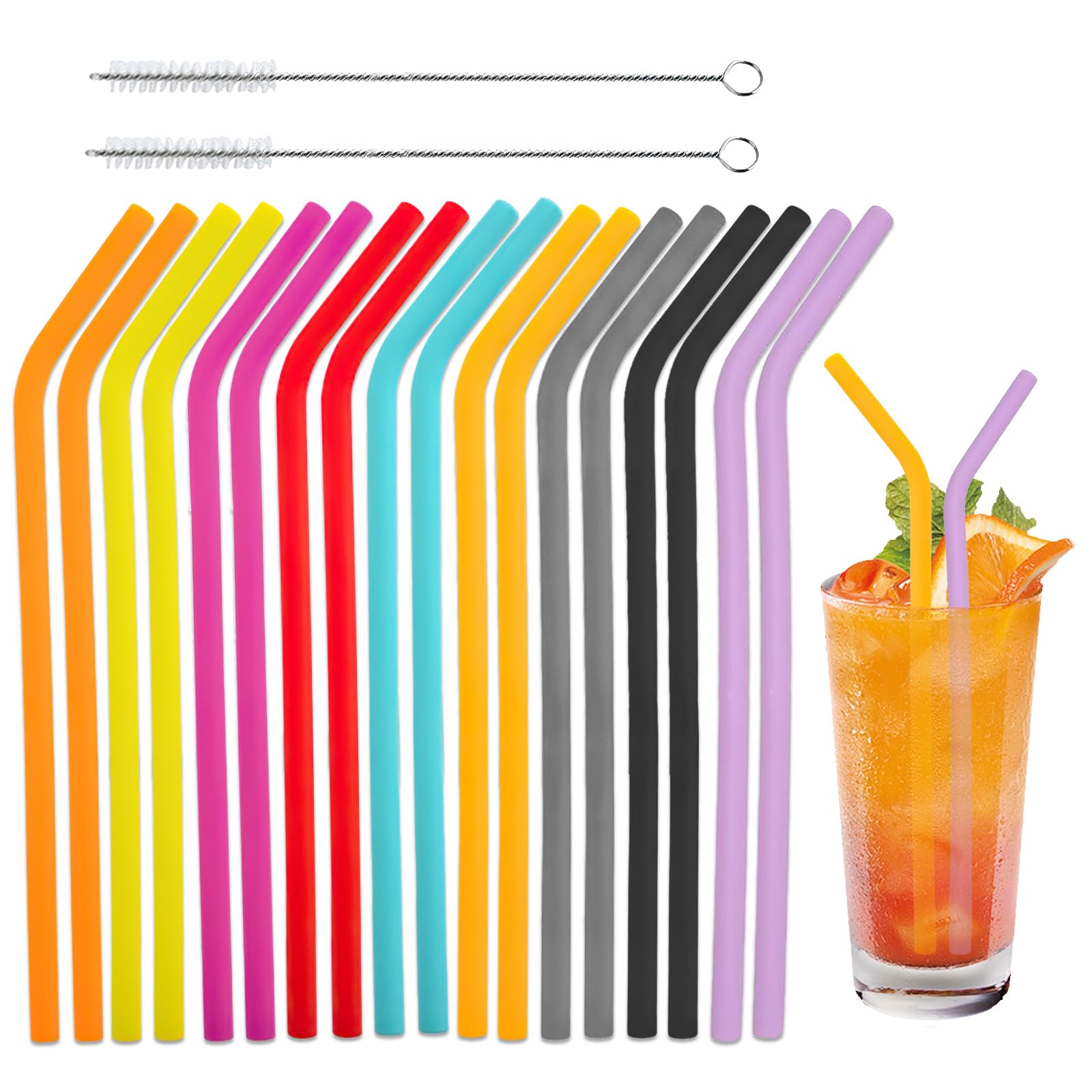 18 Pcs Silicone Straws Reusable with 2 Cleaning Brush, Colorful Bendable Drinking Straw, Soft Flexible Plastic Straws Alternative for Cocktails, Juices, Children, Adults