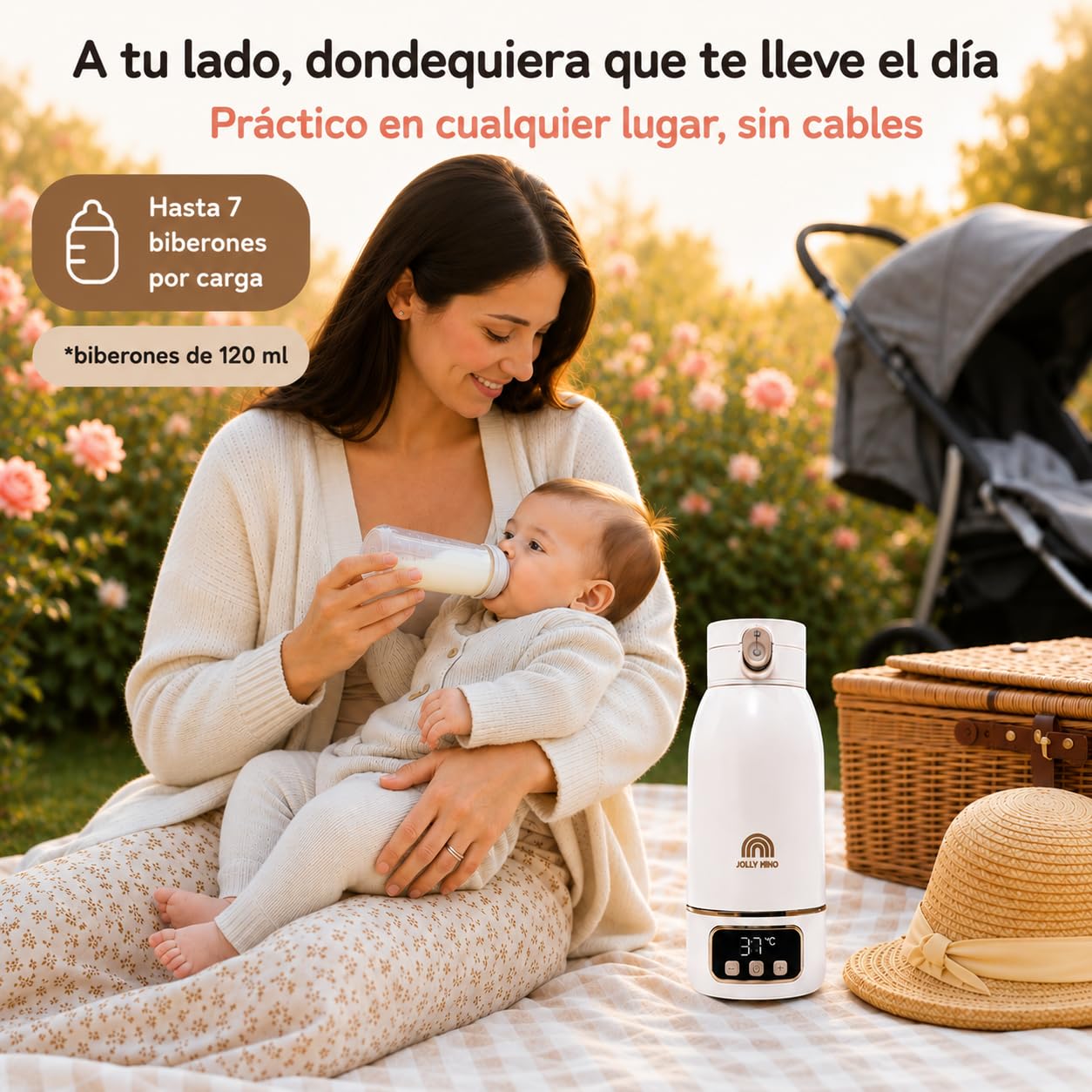 Calentador de Biberones Portátil Sin Cable 500ml, Agua y Leche Materna, Viaje/Coche/Noche, Cepillo Incluido, Diseño Dorado Premium Auto-Pasteurización