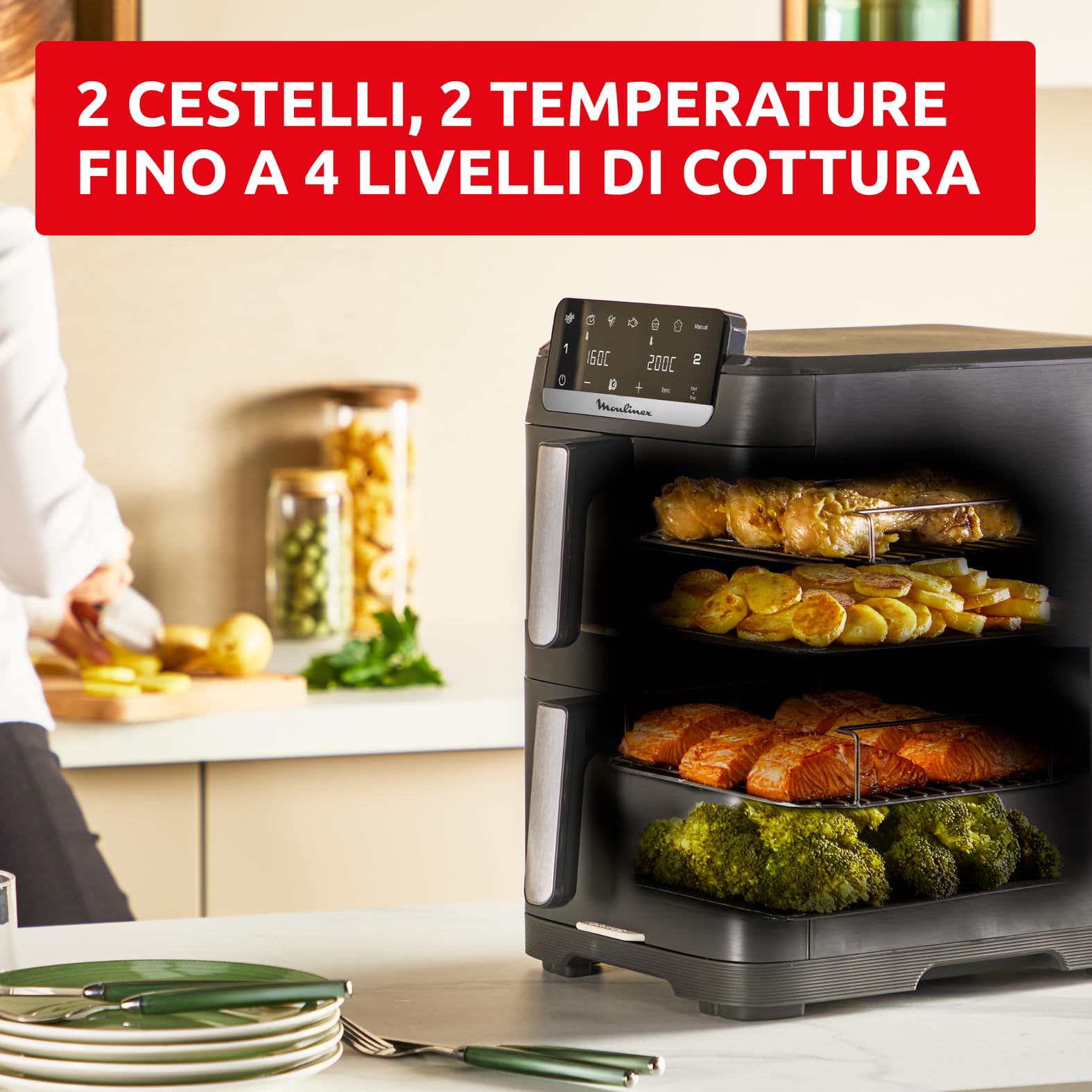 Moulinex Easy Fry Crispy Stack, Friggitrice ad Aria Verticale con Doppia Resistenza, Salvaspazio, Cottura ad Aria Uniforme e Croccante, Frontale Rimovibile, EZ756HF0