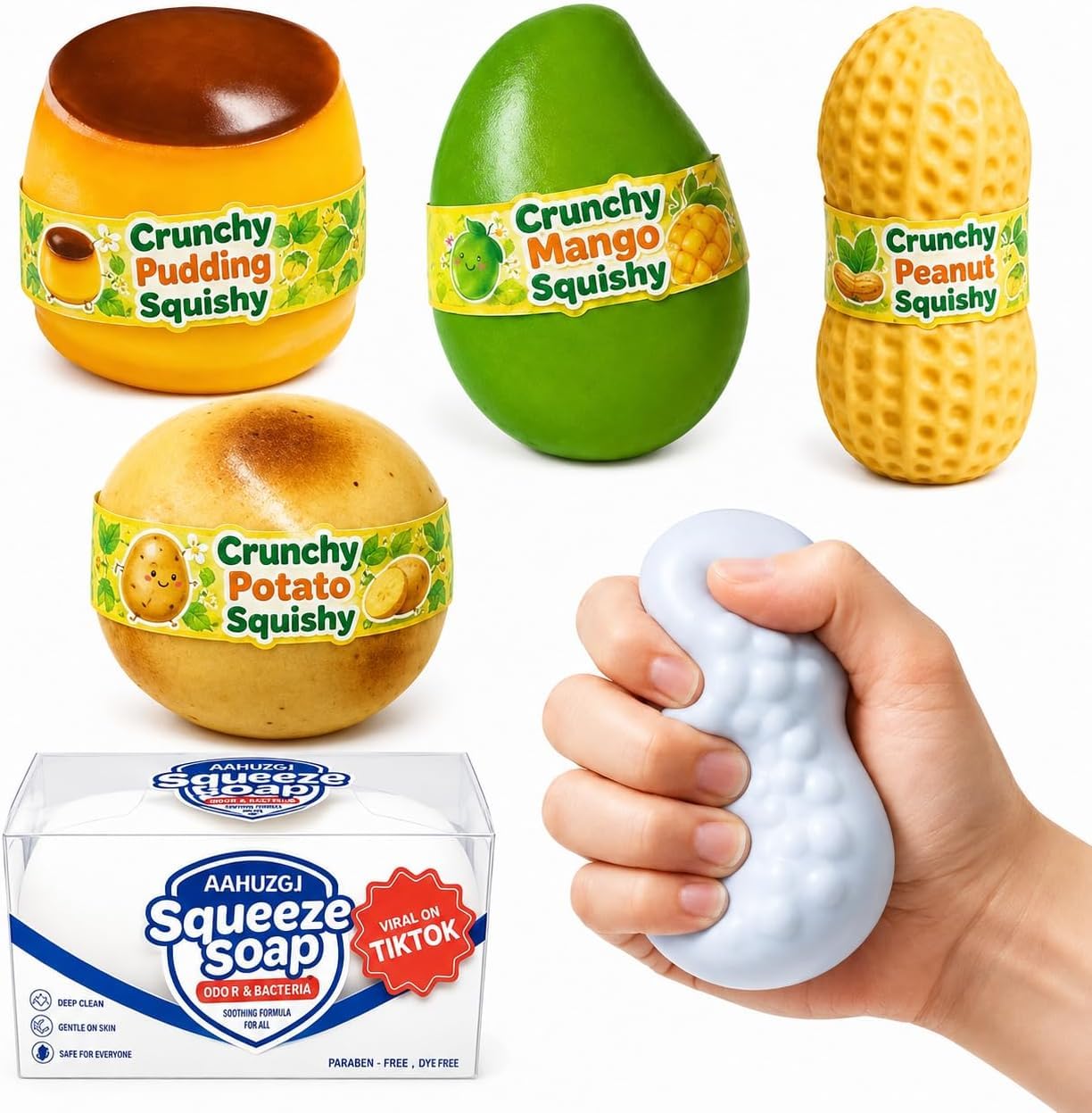 5Pcs Crunchy Squishies Set, Slow Crunchy Squishies Squeeze Stress Ball, Mango Potato Peanut Soap Pudding Asmr Squishy, Stress Calming Stick for Adults, Party Favors & Stress Relief