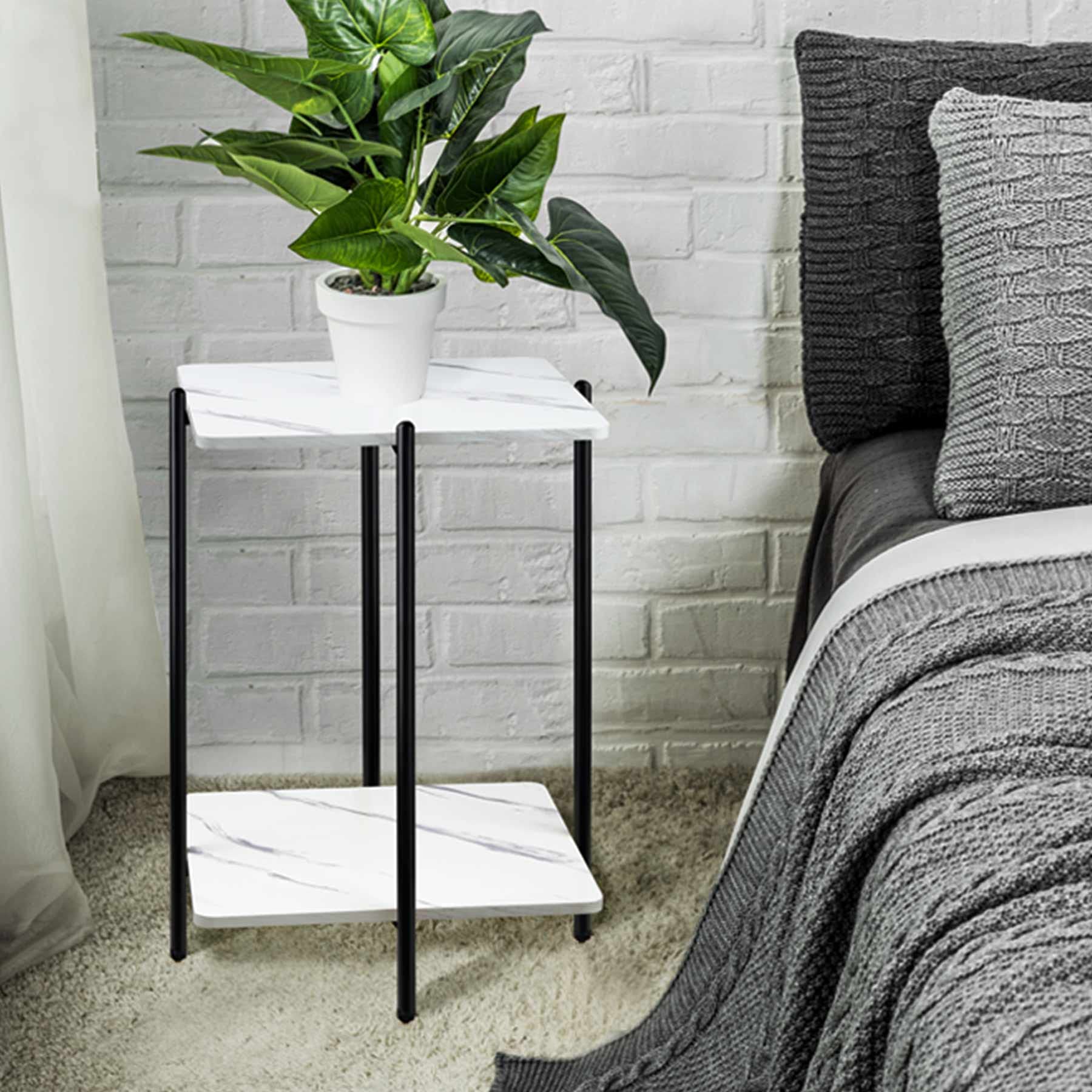 White Marble Top End Table, Small Side Table for Living Room Bedroom, 2-Tier Nightstand with Storage Shelf, Modern Style Accent Table, Black