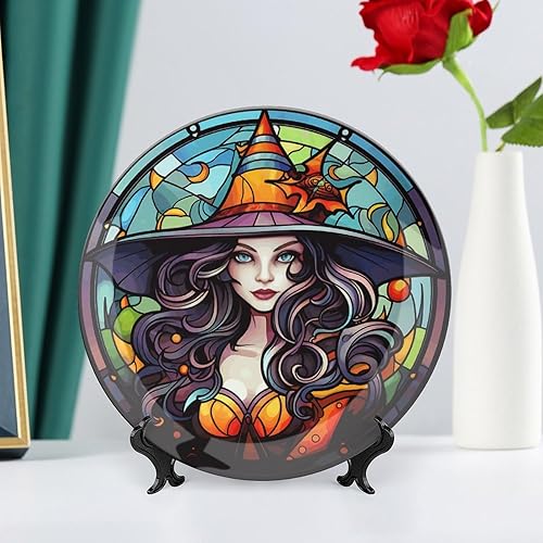 Miniatura 6 de Platos decorativos de bruja con sombrero naranja para decoración del hogar de Halloween, platos de cerámica con diseño de vitrales para sala de